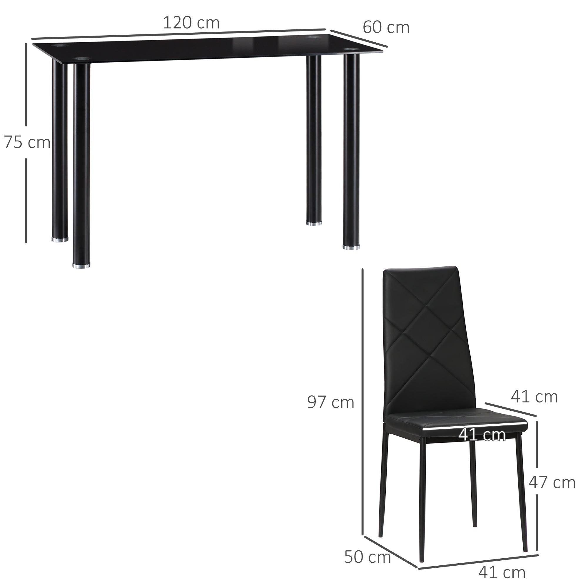 Ensemble de table à manger avec 4 chaises, ensemble de meubles 5 pièces de cuisine, plateau en verre trempé, pieds en acier, noir