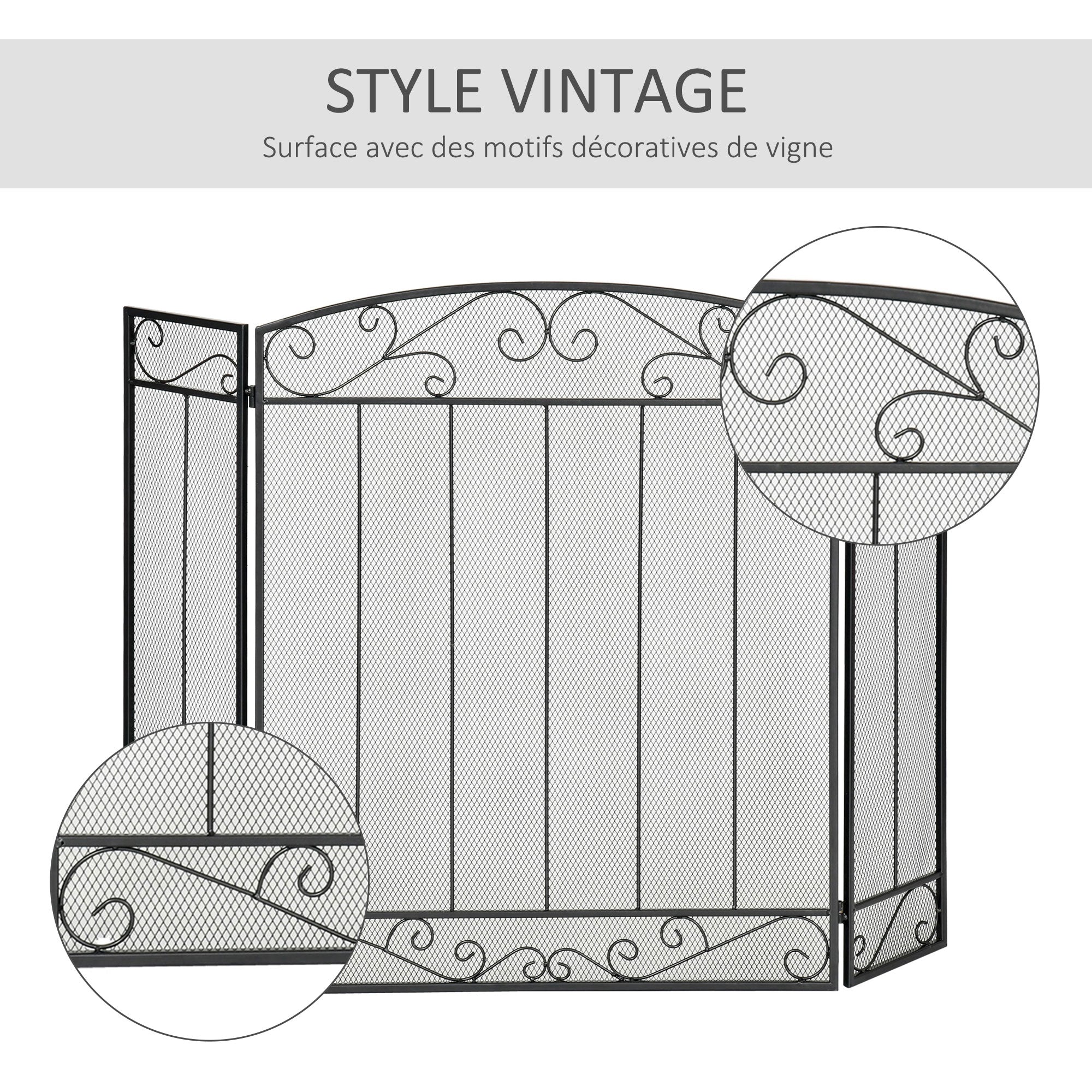 Grille de Protection pour cheminée - Pare-feu Large pour cheminée ou poêle - Pare-étincelles - barrière de sécurité - 3 Volets Pliables - Acier métal Noir