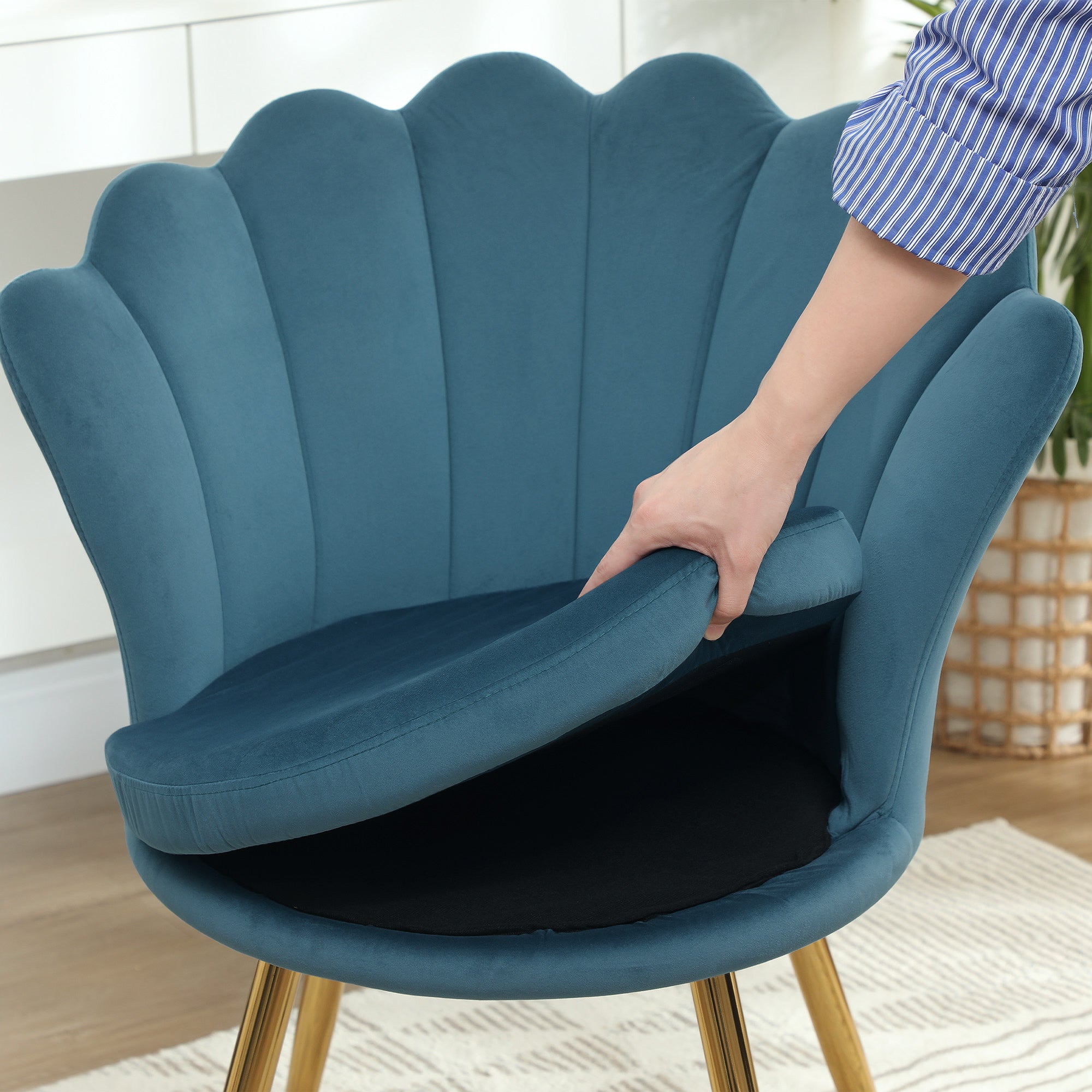 Fauteuil coquillage chaise coiffeuse fauteuil en velours avec pieds en métal doré pour salon chambre et salle à manger 67l x 64P x 77H cm bleu