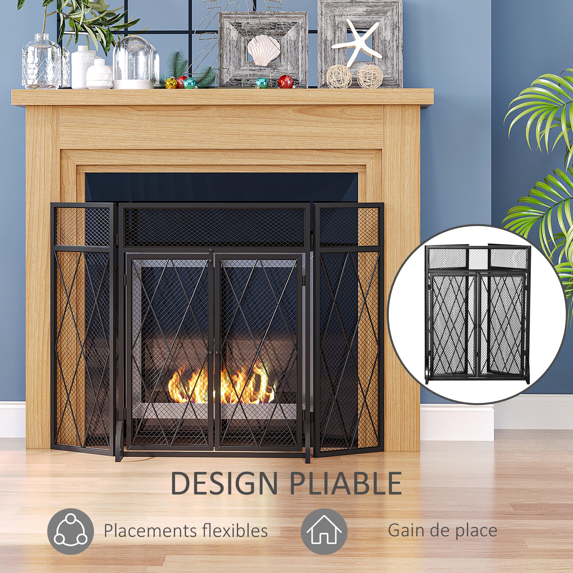 Grille de protection pour cheminée 120 x 79 cm - pare-feu pour cheminée ou poêle - pare-étincelles - barrière de sécurité - 3 volets pliables et porte - métal noir
