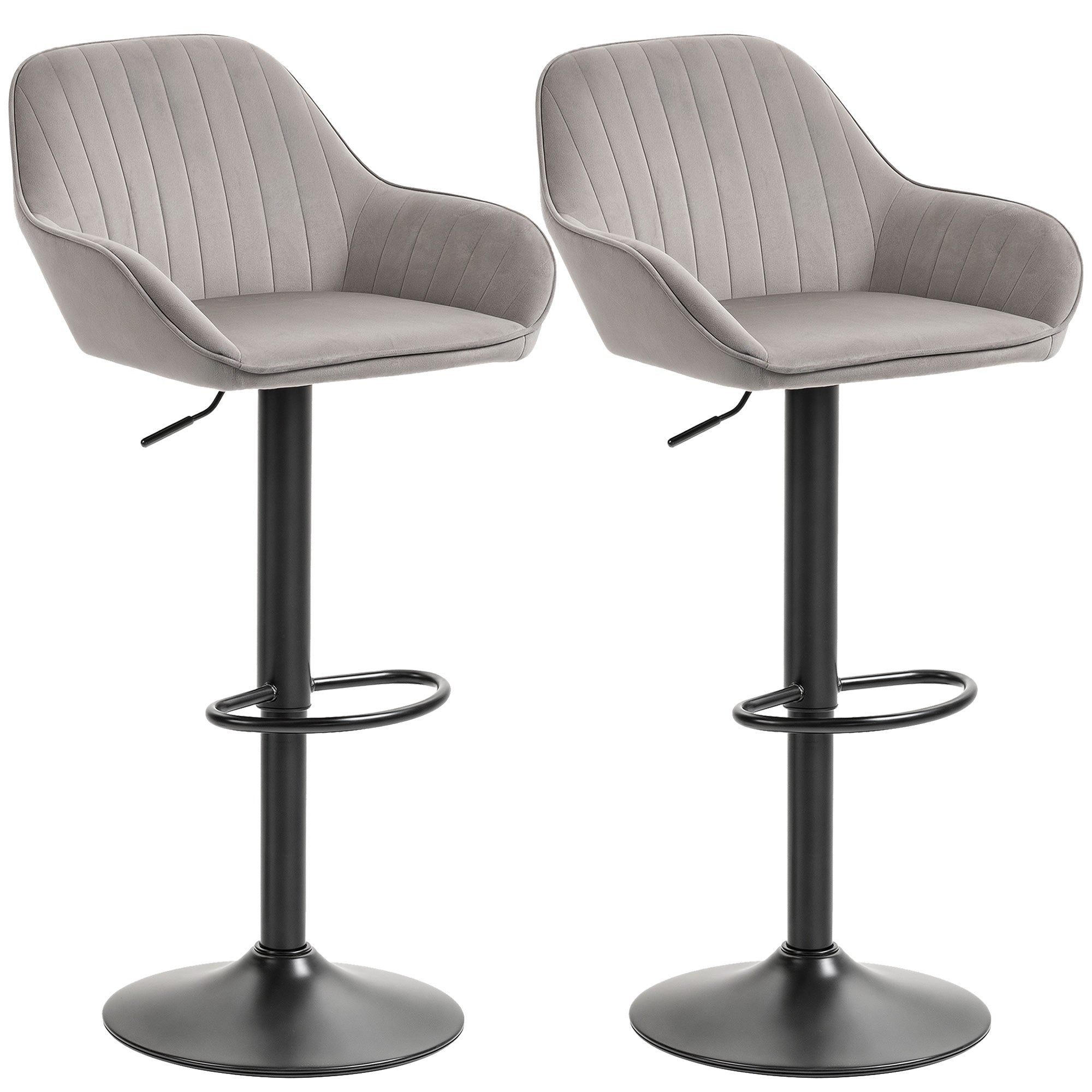Lot de 2 tabourets de bar, chaises de bar en velours contemporain avec dossier et repose-pieds, chaise haute cuisine réglable en hauteur et pivotante à 360°, pour cuisine, comptoir, gris