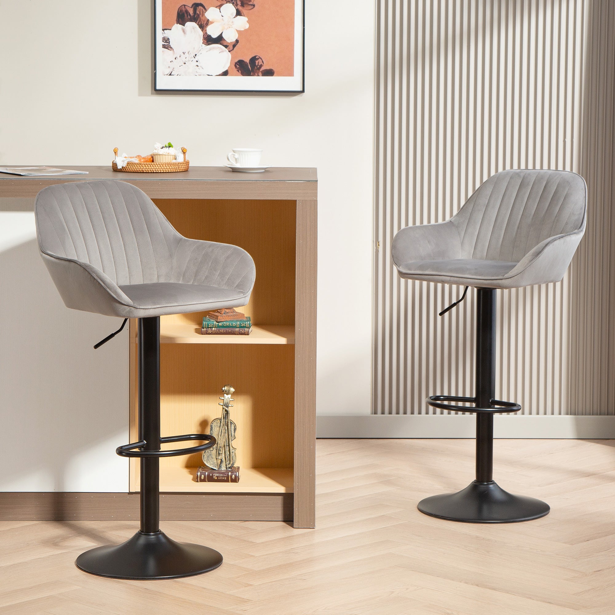 Lot de 2 tabourets de bar, chaises de bar en velours contemporain avec dossier et repose-pieds, chaise haute cuisine réglable en hauteur et pivotante à 360°, pour cuisine, comptoir, gris