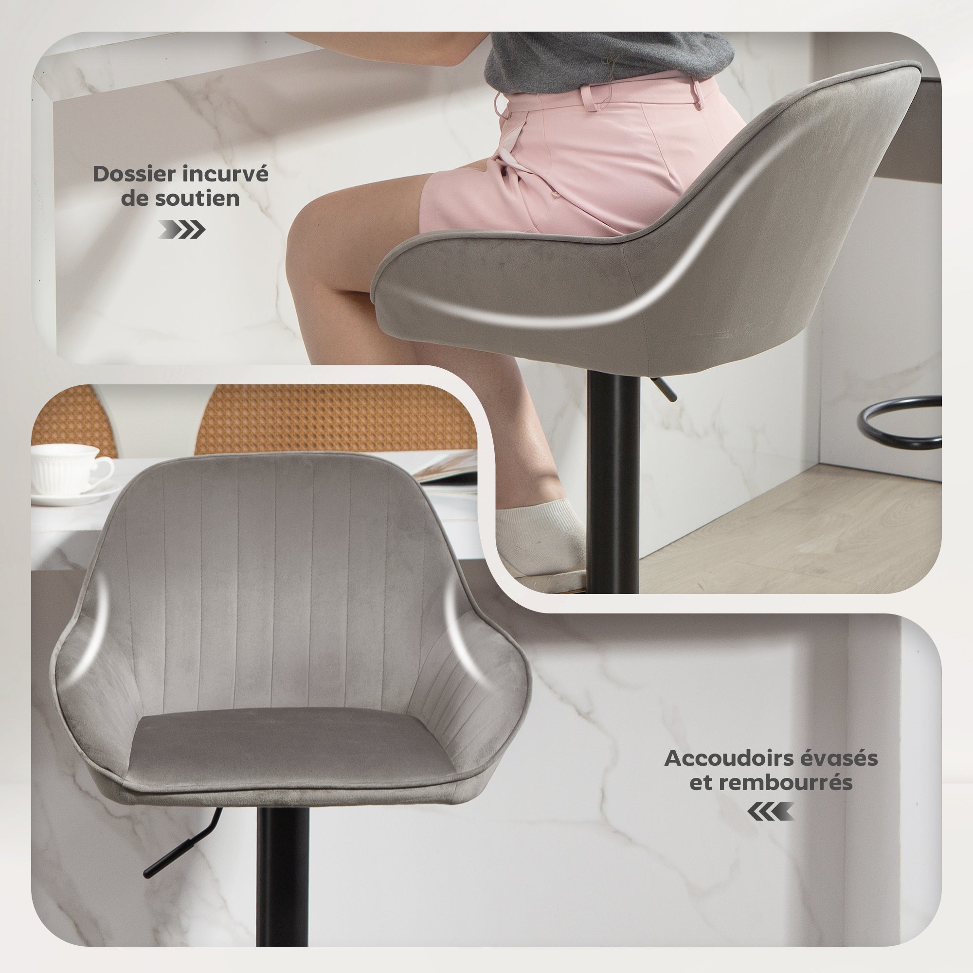 Lot de 2 tabourets de bar, chaises de bar en velours contemporain avec dossier et repose-pieds, chaise haute cuisine réglable en hauteur et pivotante à 360°, pour cuisine, comptoir, gris