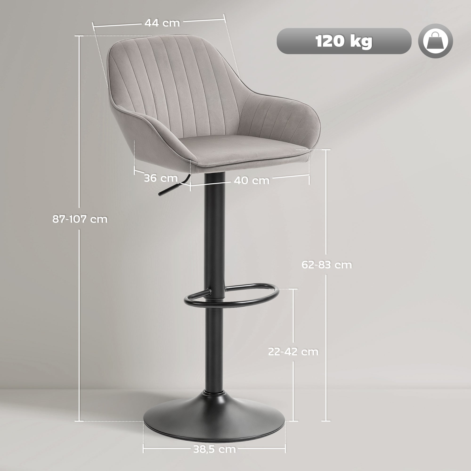 Lot de 2 tabourets de bar, chaises de bar en velours contemporain avec dossier et repose-pieds, chaise haute cuisine réglable en hauteur et pivotante à 360°, pour cuisine, comptoir, gris