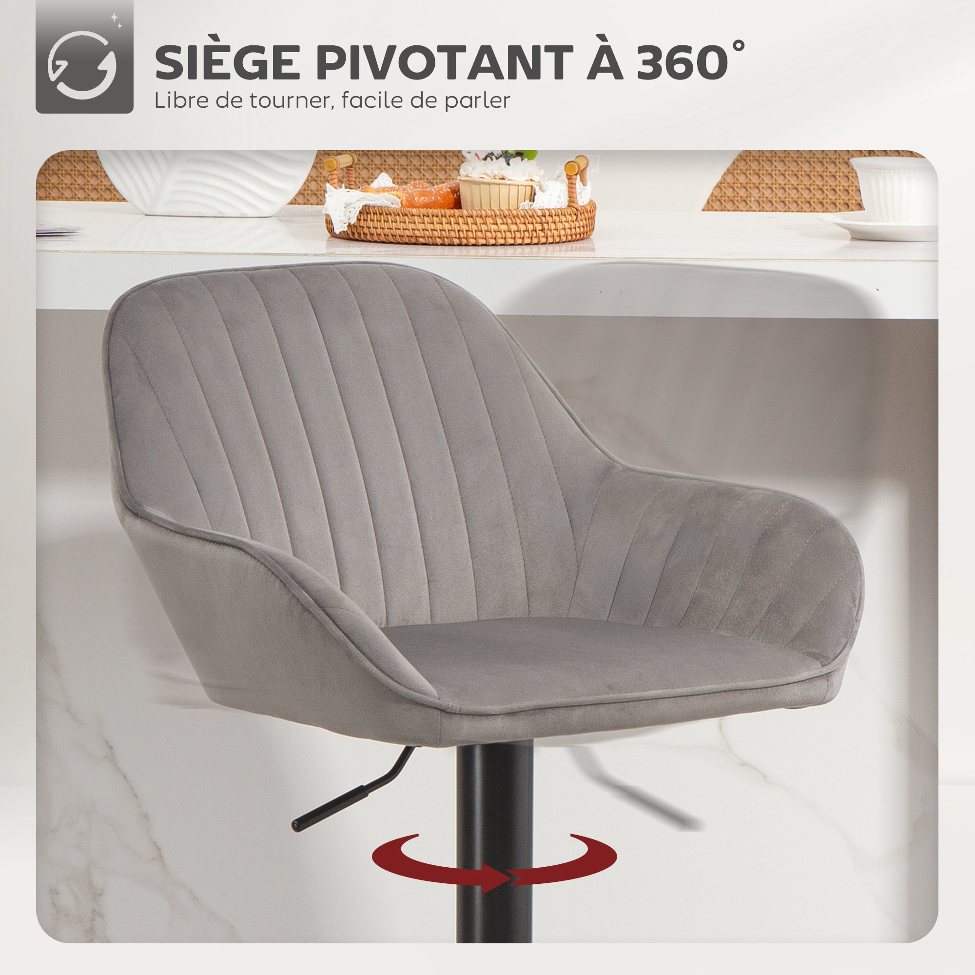 Lot de 2 tabourets de bar, chaises de bar en velours contemporain avec dossier et repose-pieds, chaise haute cuisine réglable en hauteur et pivotante à 360°, pour cuisine, comptoir, gris