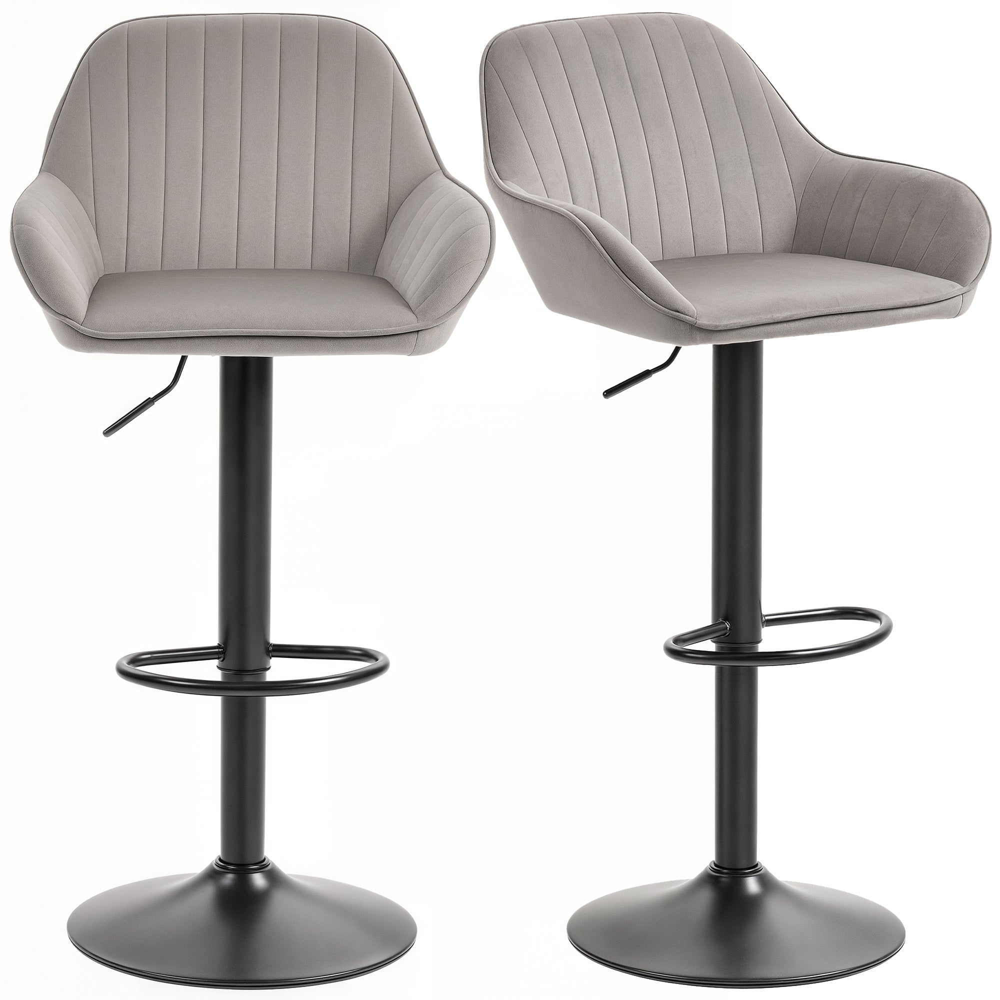 Lot de 2 tabourets de bar, chaises de bar en velours contemporain avec dossier et repose-pieds, chaise haute cuisine réglable en hauteur et pivotante à 360°, pour cuisine, comptoir, gris