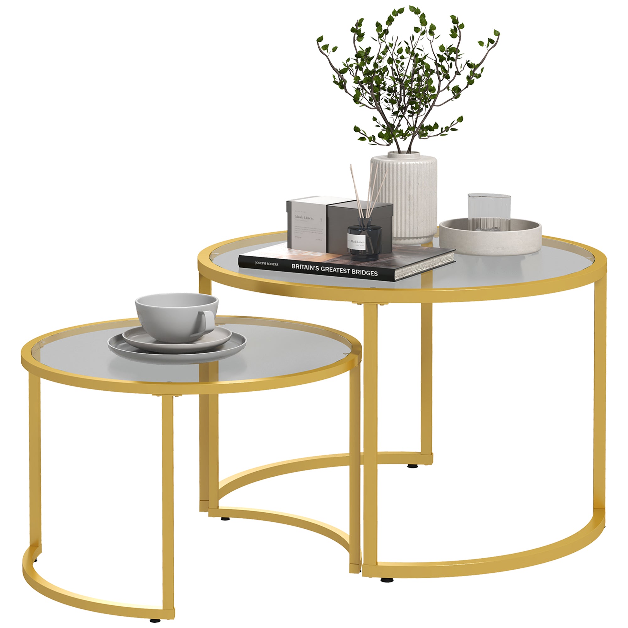 Lot de 2 tables basses gigognes rondes 70/54 cm plateau verre trempé et pied en acier au carbone design moderne doré