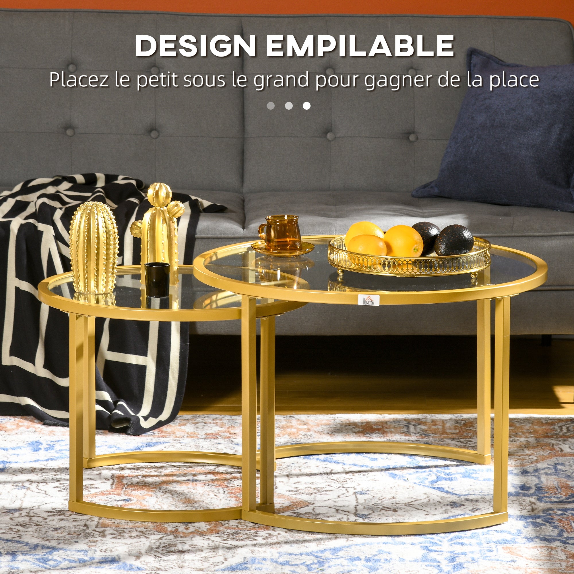 Lot de 2 tables basses gigognes rondes 70/54 cm plateau verre trempé et pied en acier au carbone design moderne doré