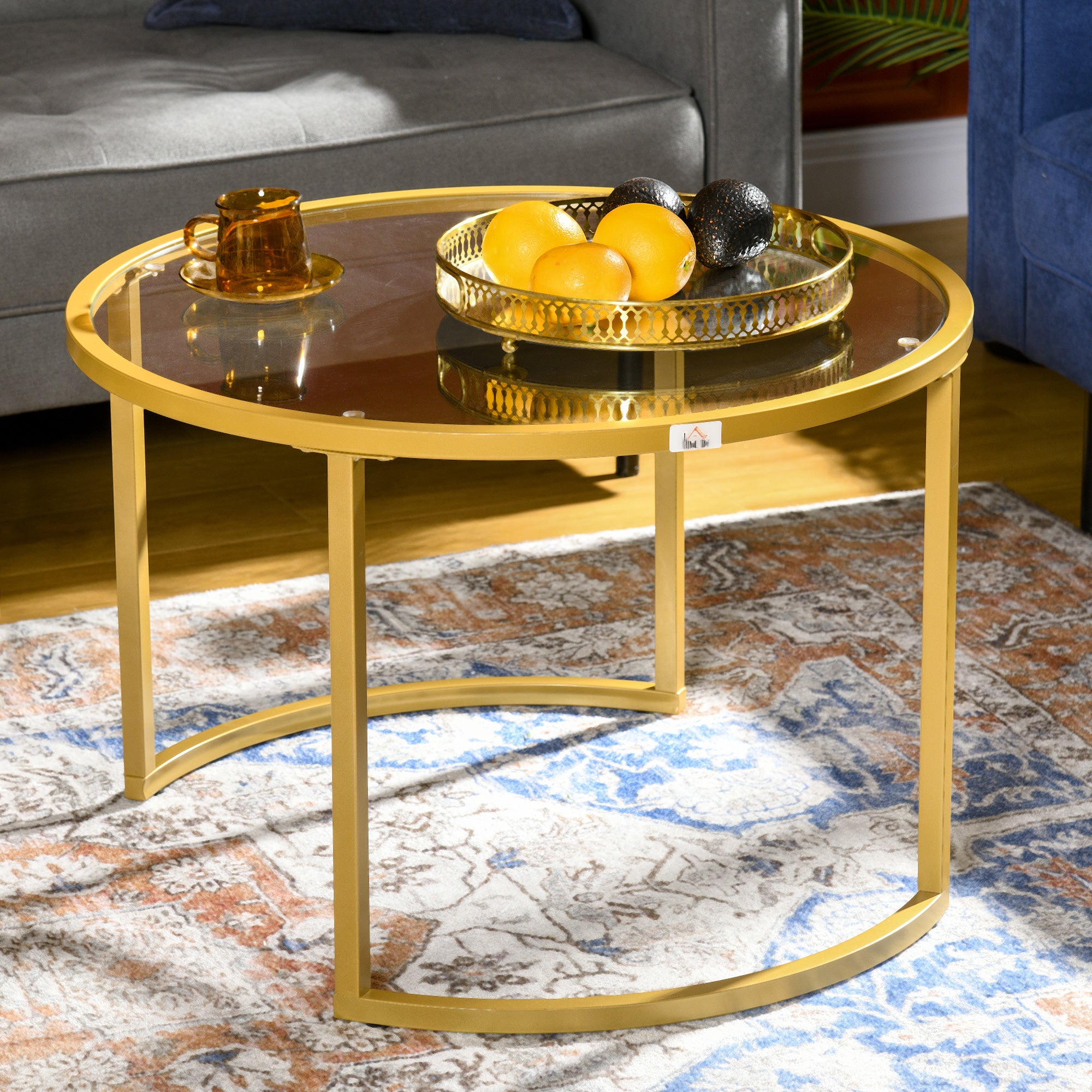 Lot de 2 tables basses gigognes rondes 70/54 cm plateau verre trempé et pied en acier au carbone design moderne doré