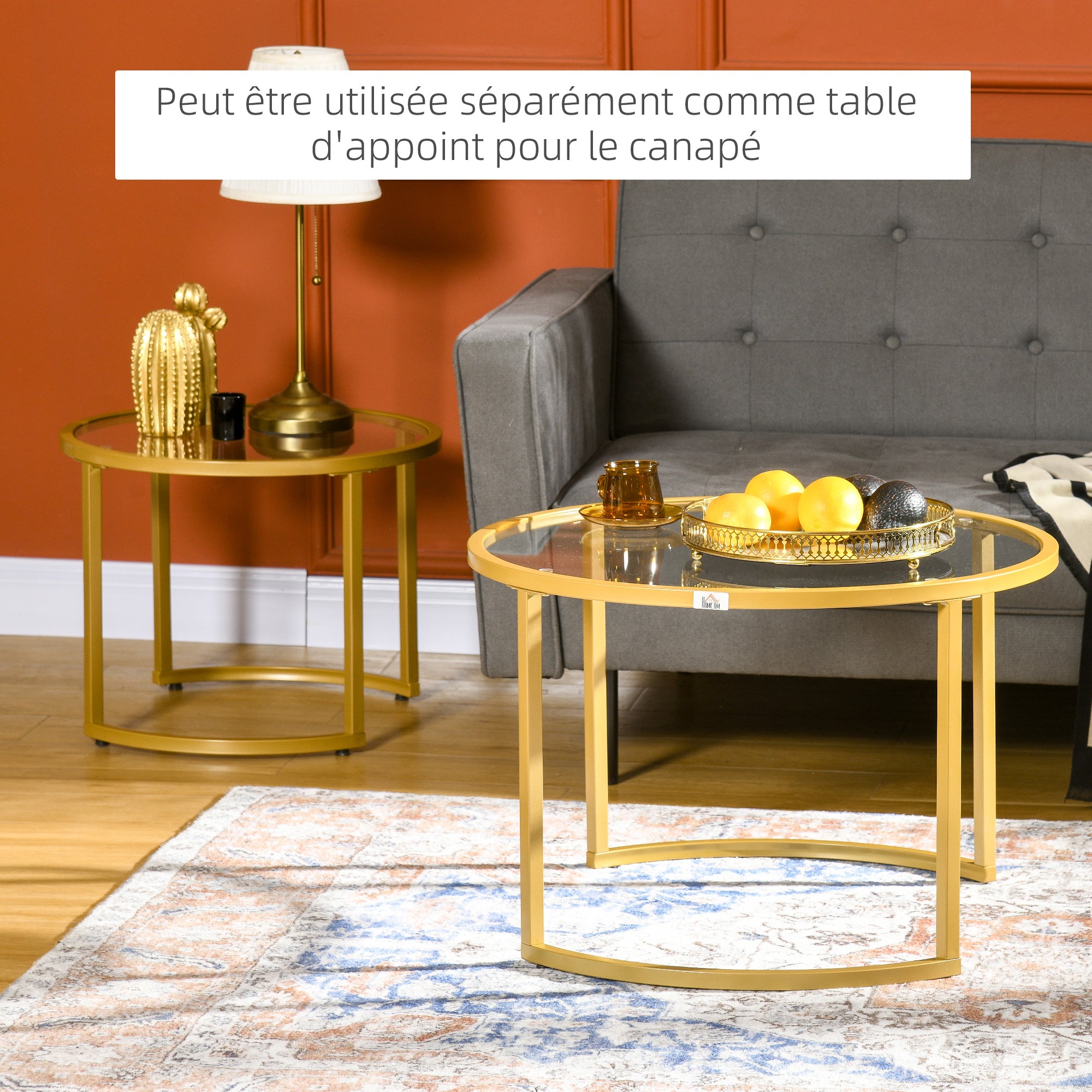 Lot de 2 tables basses gigognes rondes 70/54 cm plateau verre trempé et pied en acier au carbone design moderne doré
