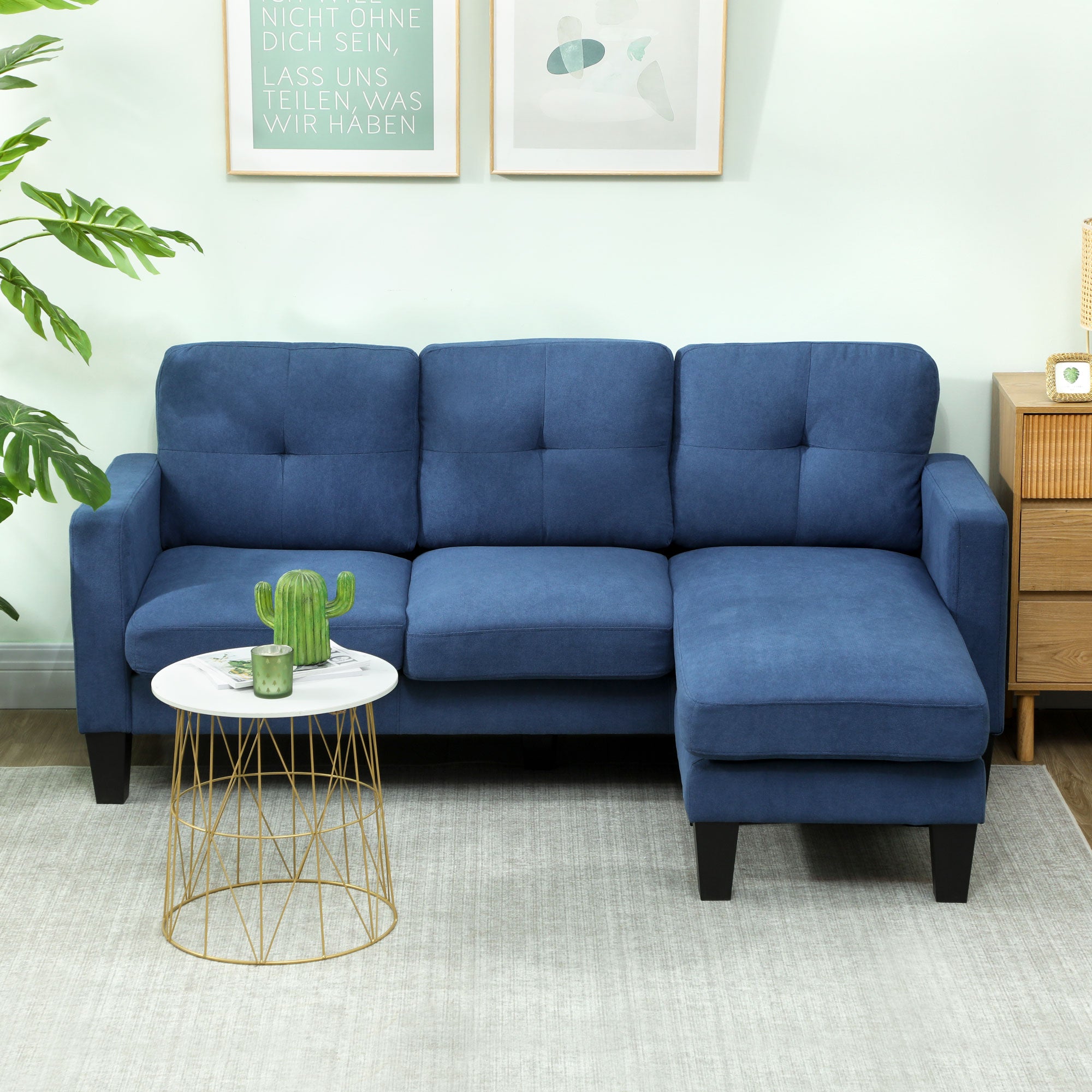 Canapé d'angle 3 Places méridienne réversible droite ou gauche, salon, grand confort, dossier capitonné, bleu