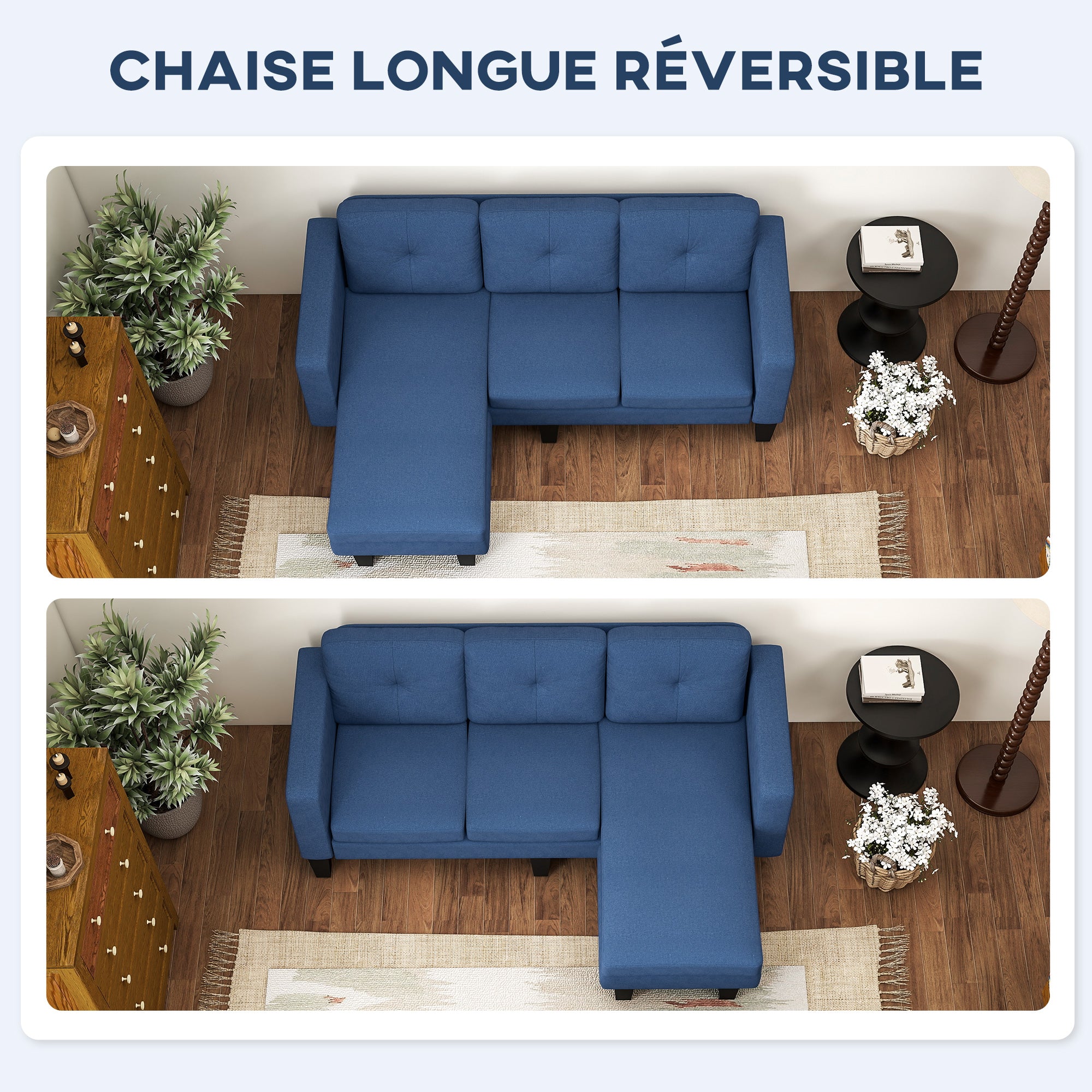 Canapé d'angle 3 Places méridienne réversible droite ou gauche, salon, grand confort, dossier capitonné, bleu