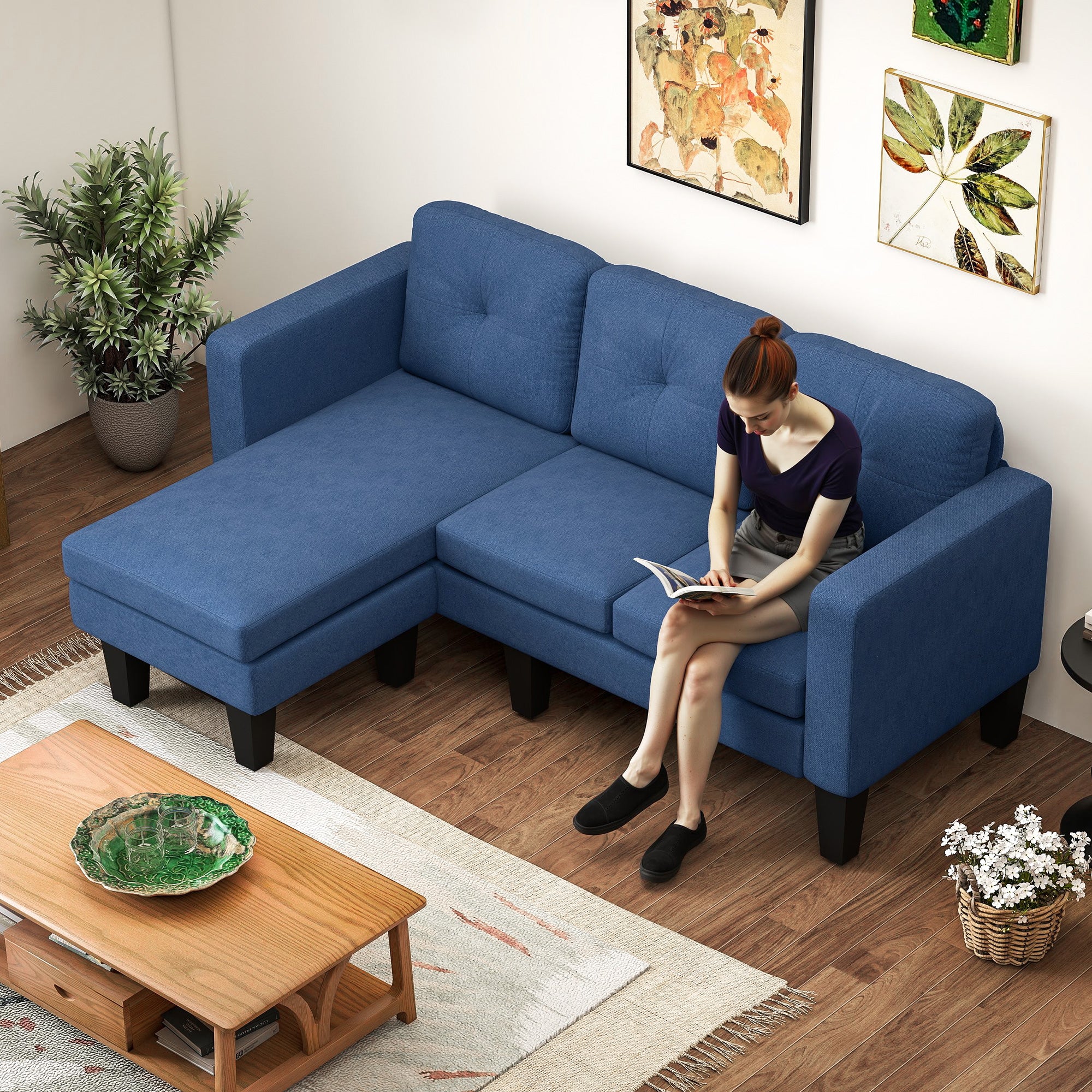 Canapé d'angle 3 Places méridienne réversible droite ou gauche, salon, grand confort, dossier capitonné, bleu