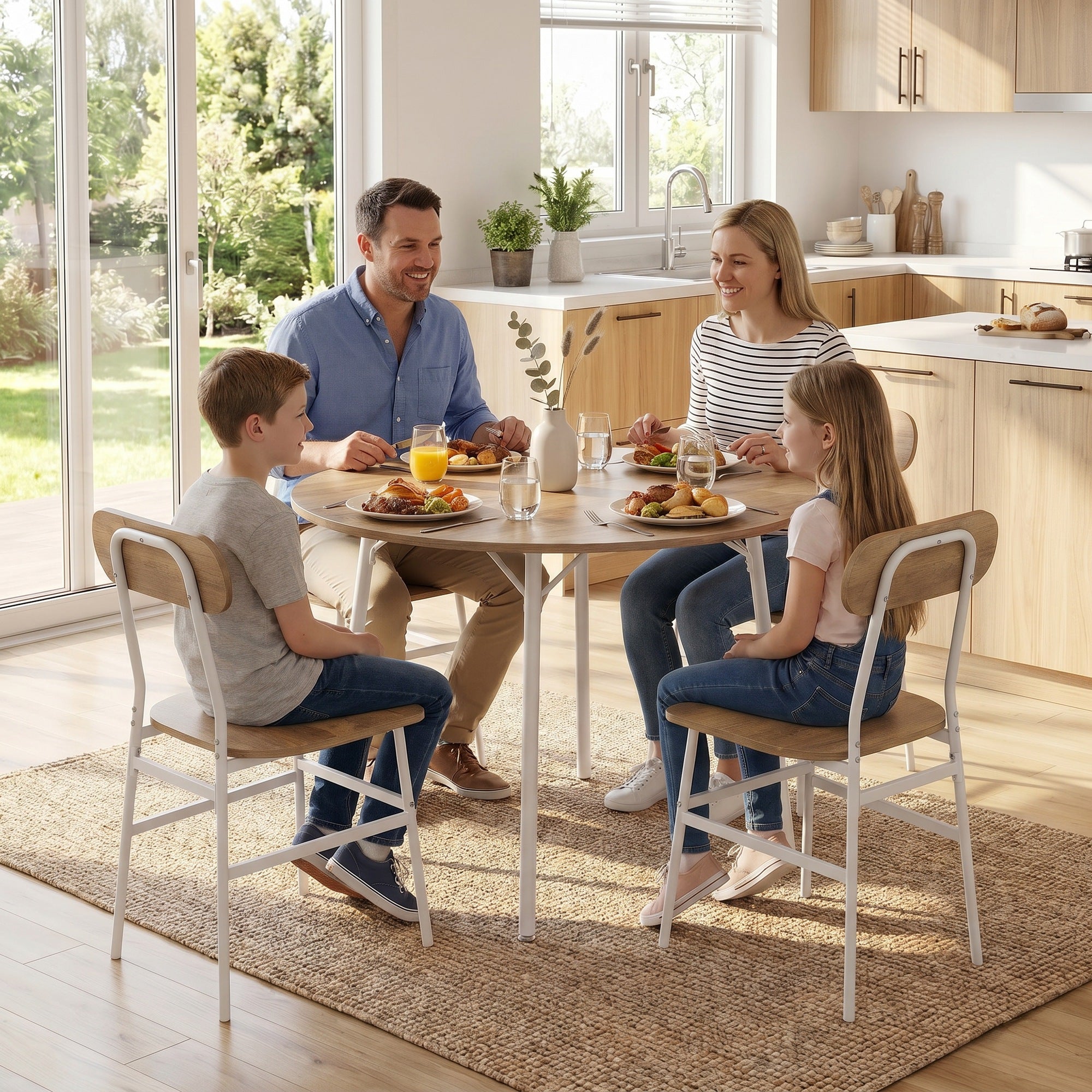Ensemble table salle à manger avec 4 chaises, table de cuisine avec chaises pour 4 personnes, plateau rond Ø 100 cm, cadre en métal, style industriel, pour salon, petit espace, bois naturel