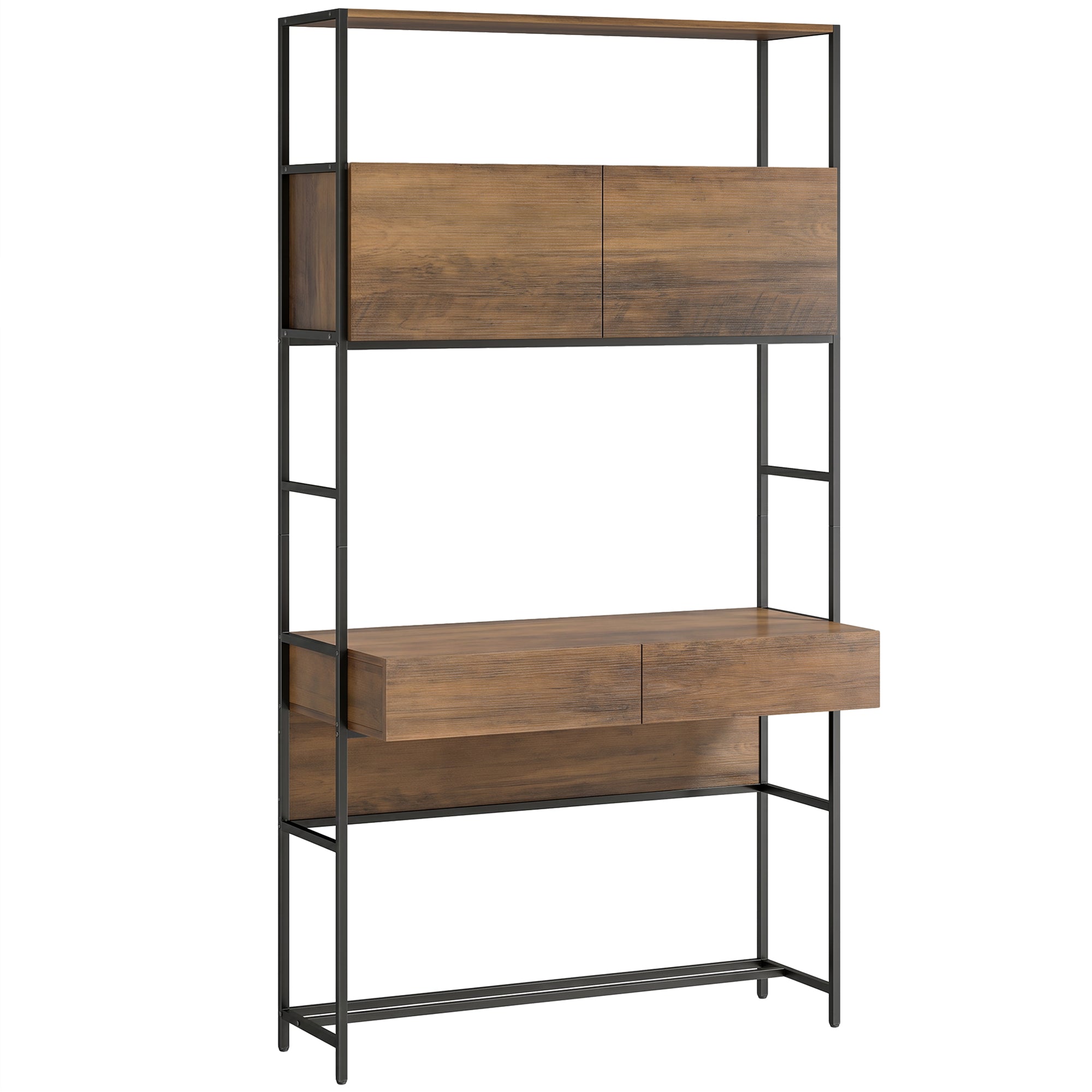 Bureau d'Ordinateur avec 2 Tiroirs, 100 x 45 x 185 cm, Bureau avec Rangement, 2 Portes et Étagères Ouvertes, Table Informatique Moderne pour Chambre, Petit espace, Télétravail, Marron