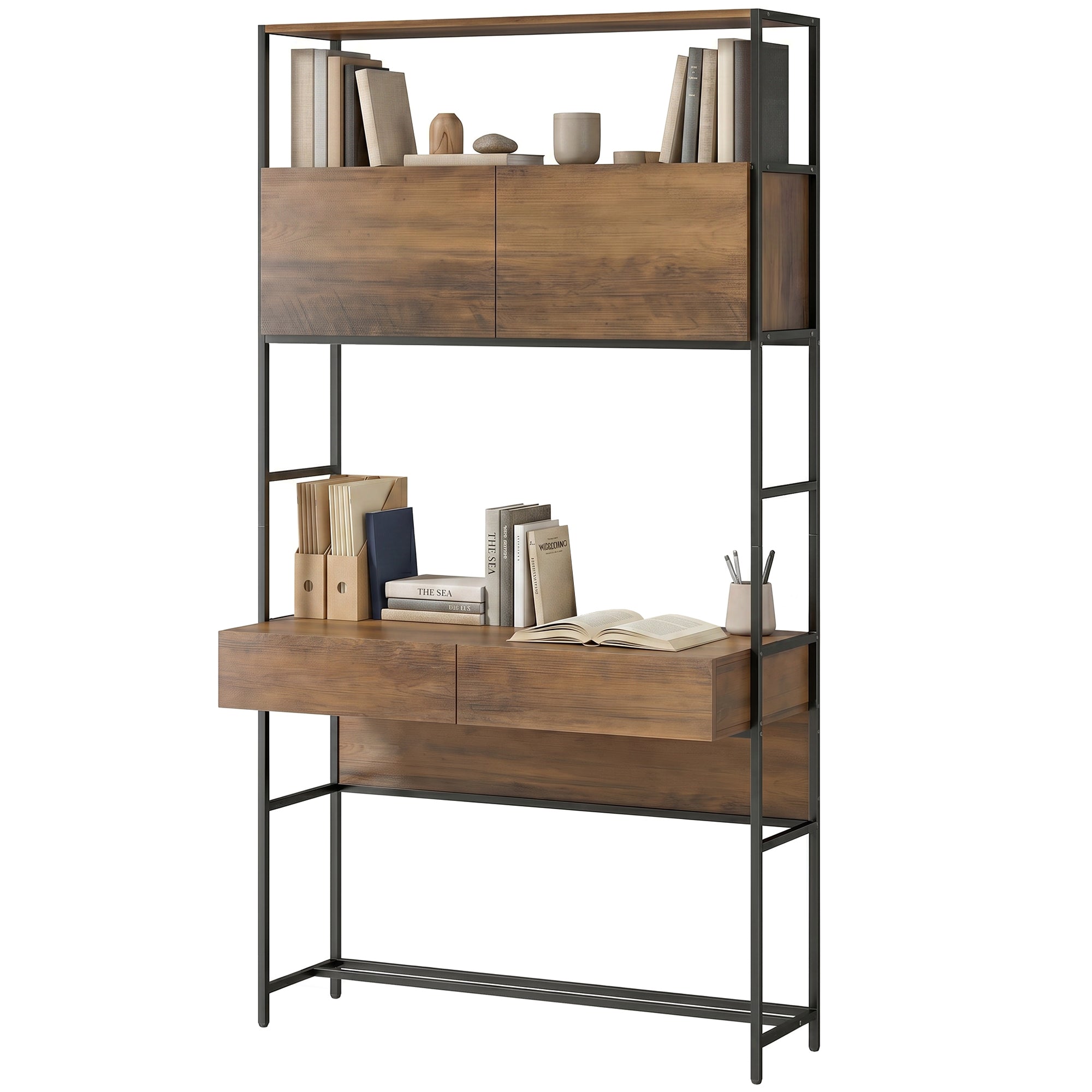 Bureau d'Ordinateur avec 2 Tiroirs, 100 x 45 x 185 cm, Bureau avec Rangement, 2 Portes et Étagères Ouvertes, Table Informatique Moderne pour Chambre, Petit espace, Télétravail, Marron