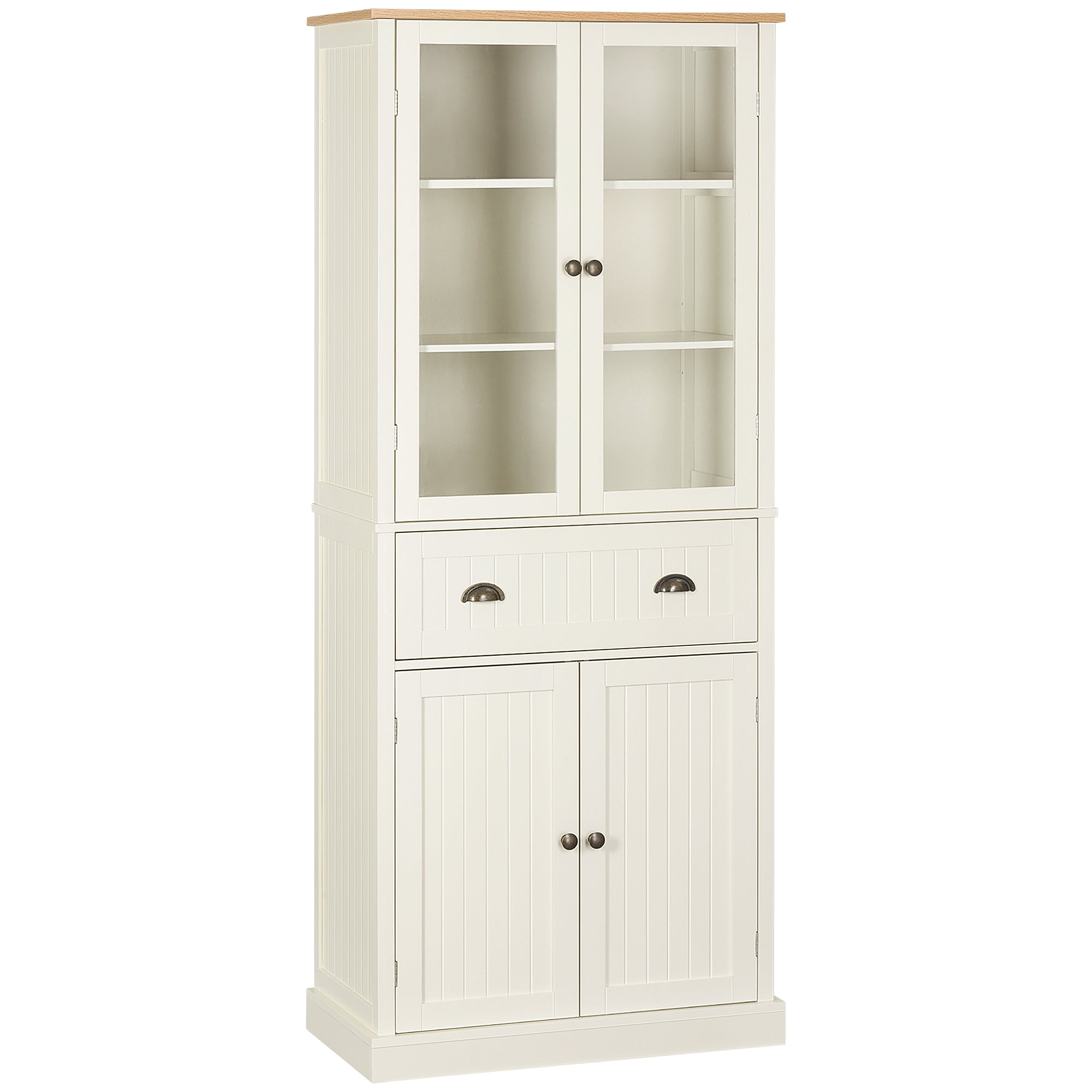 Buffet meuble cuisine rangement armoire de cuisine 4 portes dont 2 portes vitrées et 1 tiroir hauteur 182,5 cm avec étagères réglables - beige