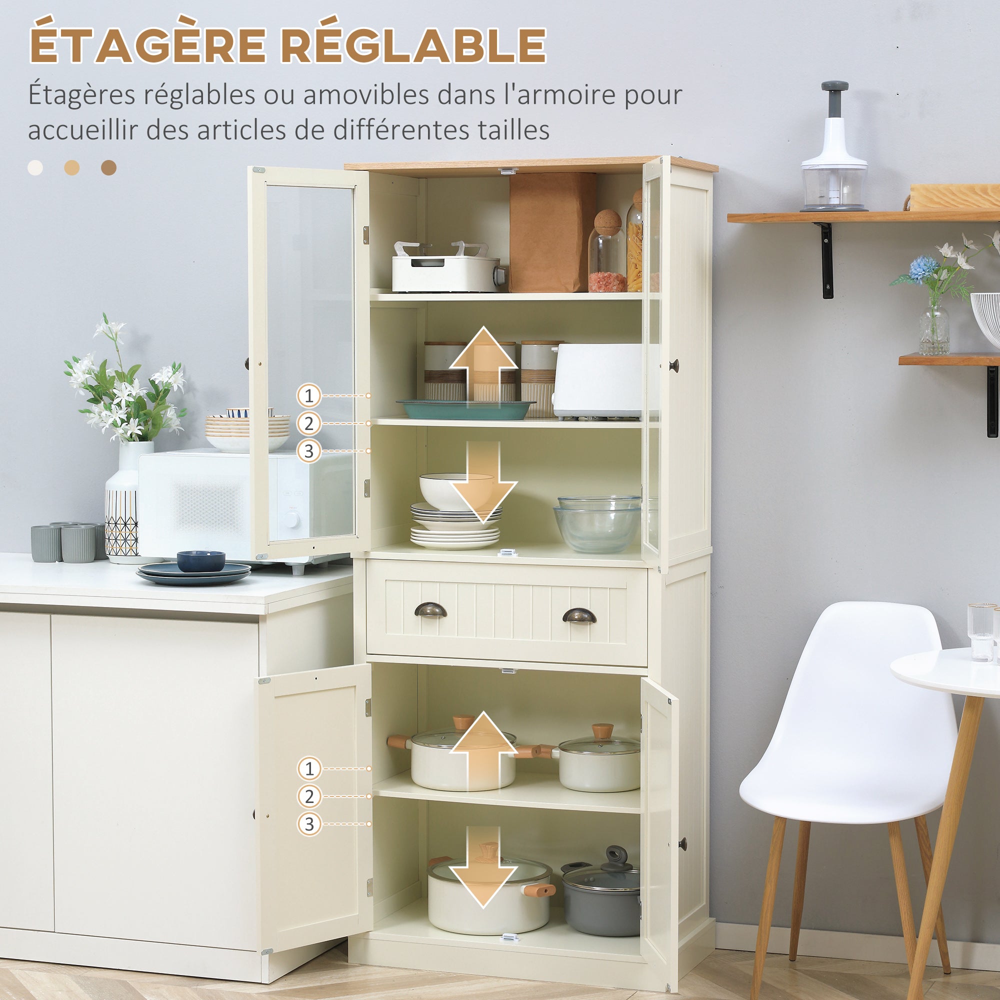 Buffet meuble cuisine rangement armoire de cuisine 4 portes dont 2 portes vitrées et 1 tiroir hauteur 182,5 cm avec étagères réglables - beige