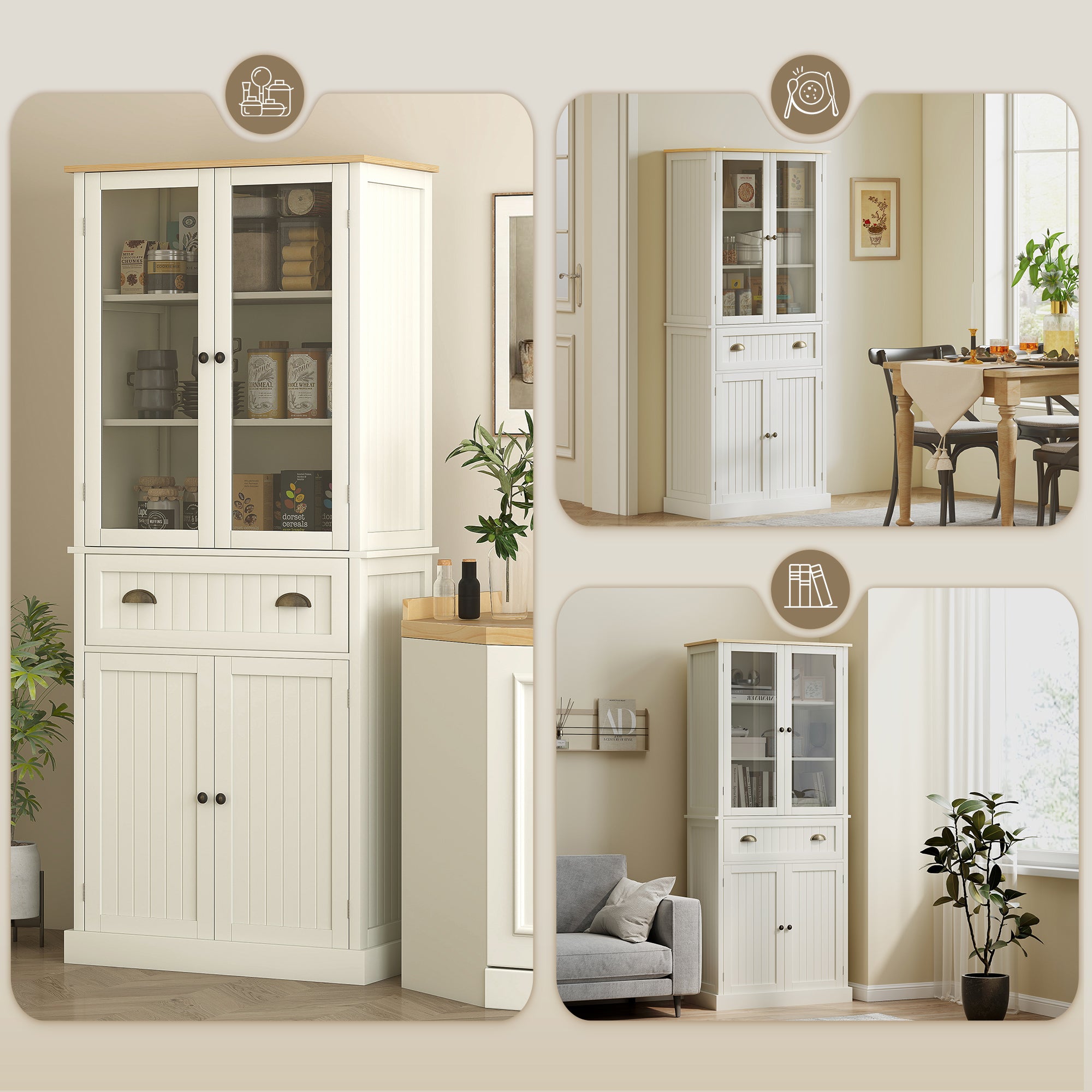 Buffet meuble cuisine rangement armoire de cuisine 4 portes dont 2 portes vitrées et 1 tiroir hauteur 182,5 cm avec étagères réglables - beige