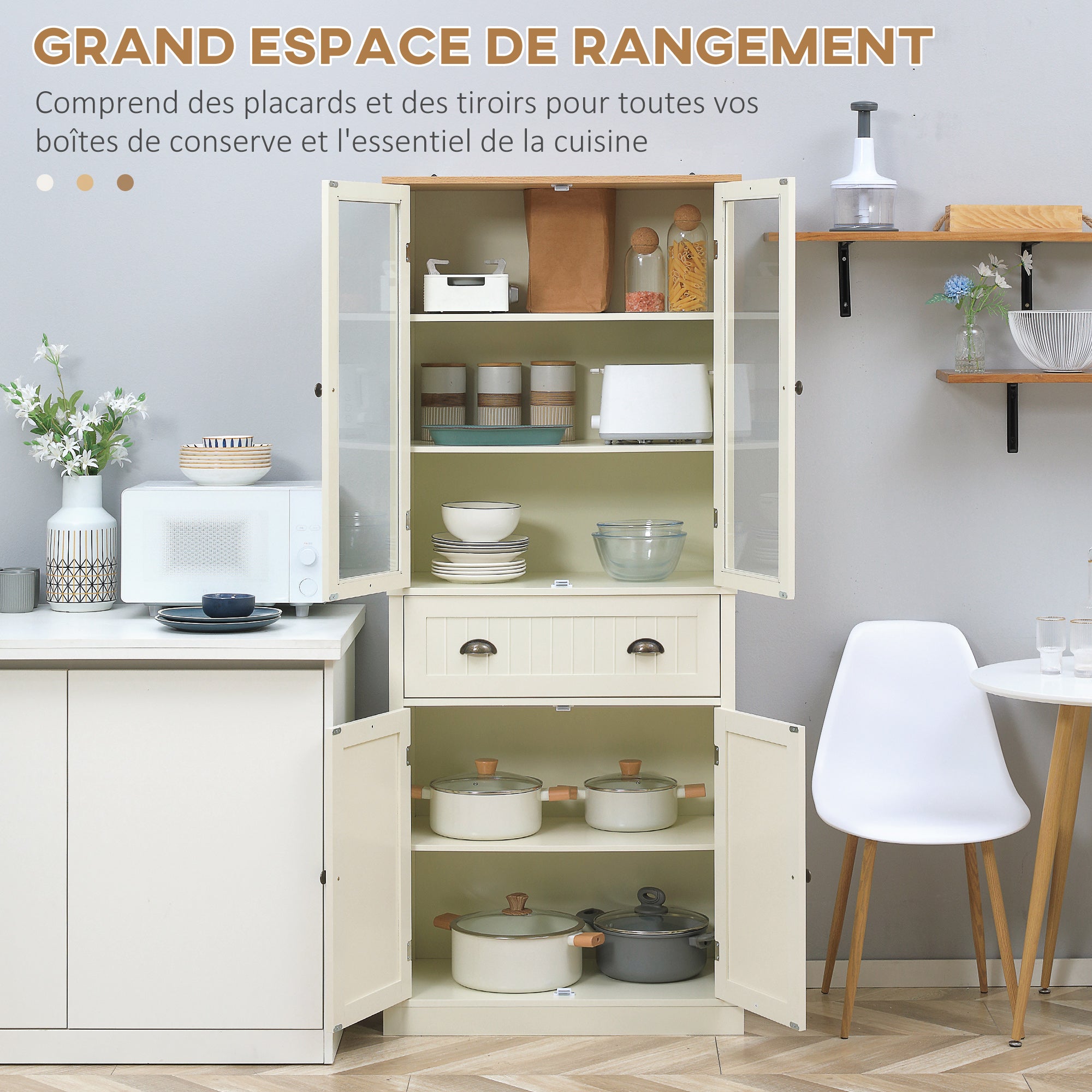 Buffet meuble cuisine rangement armoire de cuisine 4 portes dont 2 portes vitrées et 1 tiroir hauteur 182,5 cm avec étagères réglables - beige