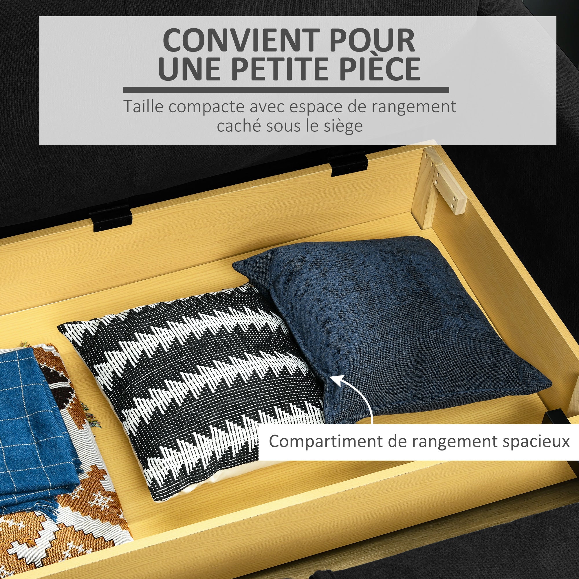 Canapé convertible 2 places 2 en 1, canapé-lit avec 2 coussins inclus et coffre de rangement intégré, tissu en coton, pour salon, chambre d'amis, petit espace, gris foncé