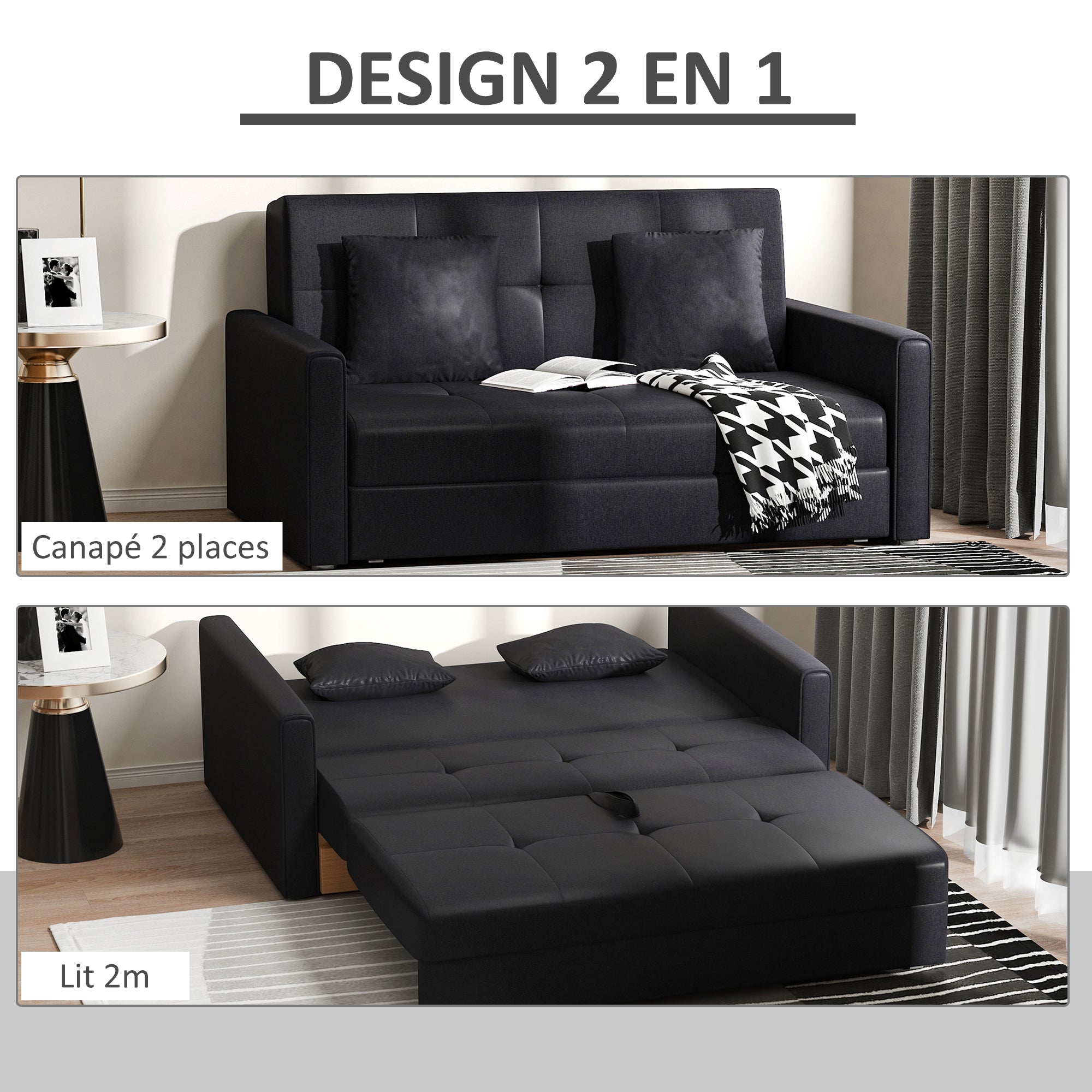 Canapé convertible 2 places 2 en 1, canapé-lit avec 2 coussins inclus et coffre de rangement intégré, tissu en coton, pour salon, chambre d'amis, petit espace, gris foncé