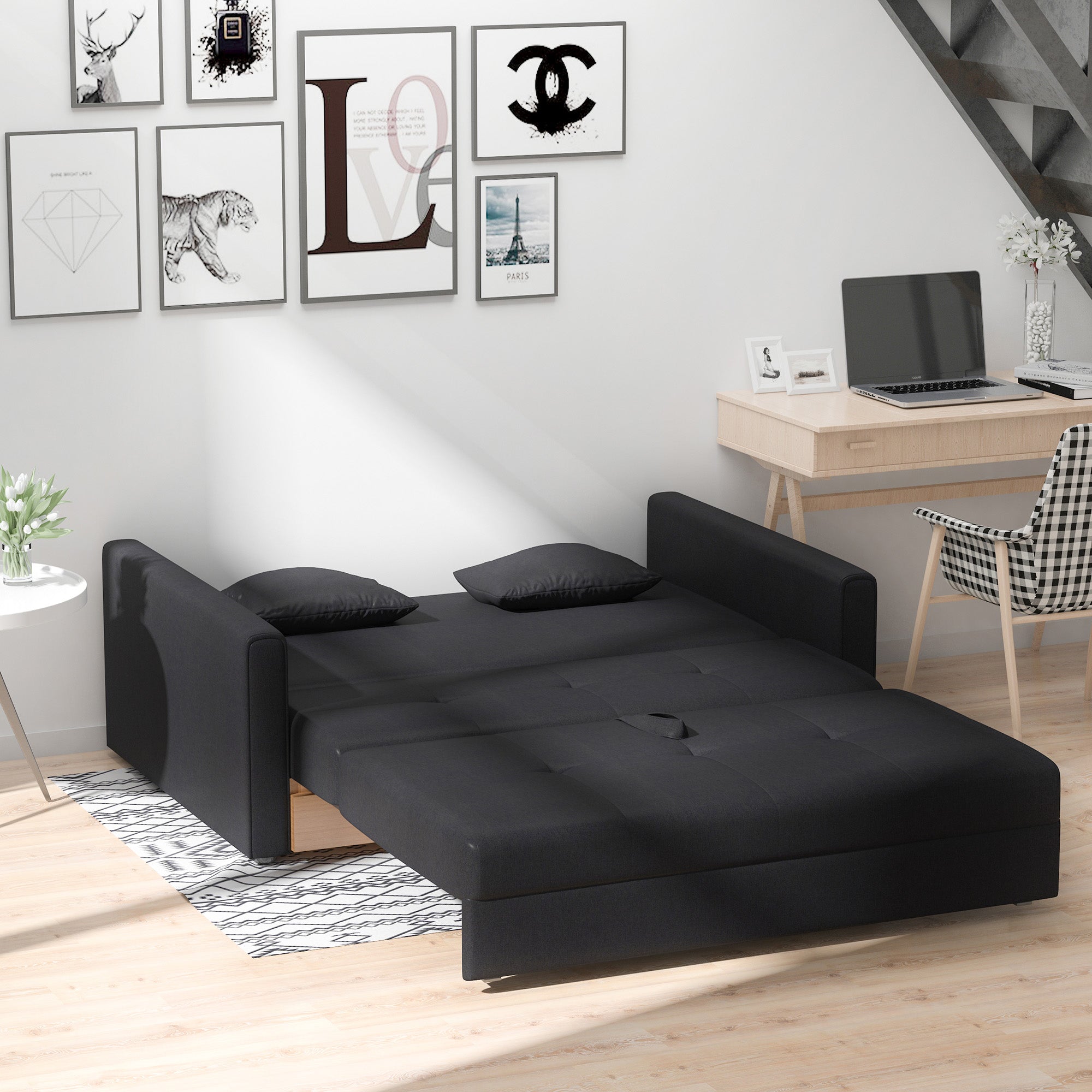 Canapé convertible 2 places 2 en 1, canapé-lit avec 2 coussins inclus et coffre de rangement intégré, tissu en coton, pour salon, chambre d'amis, petit espace, gris foncé