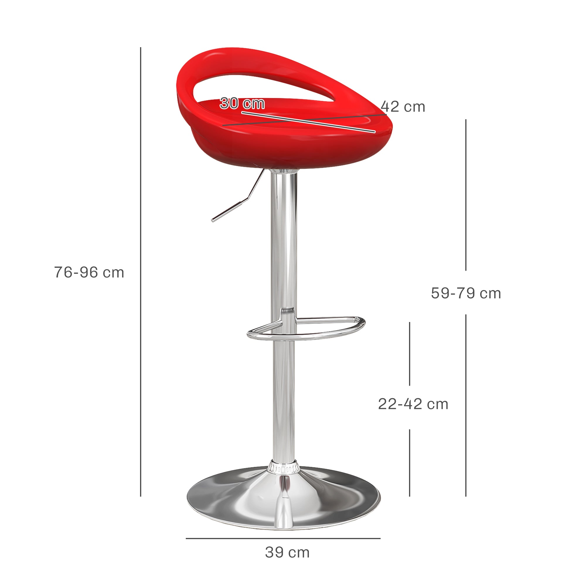 Lot de 2 tabourets de bar, chaises de bar réglable en hauteur, chaise haute cuisine avec dossier, repose-pieds, pivotant 360°, ABS et métal, pour salle à manger, comptoir, 46x41x76-96cm, rouge