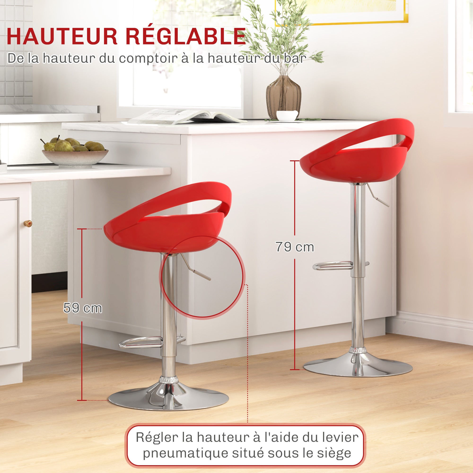 Lot de 2 tabourets de bar, chaises de bar réglable en hauteur, chaise haute cuisine avec dossier, repose-pieds, pivotant 360°, ABS et métal, pour salle à manger, comptoir, 46x41x76-96cm, rouge