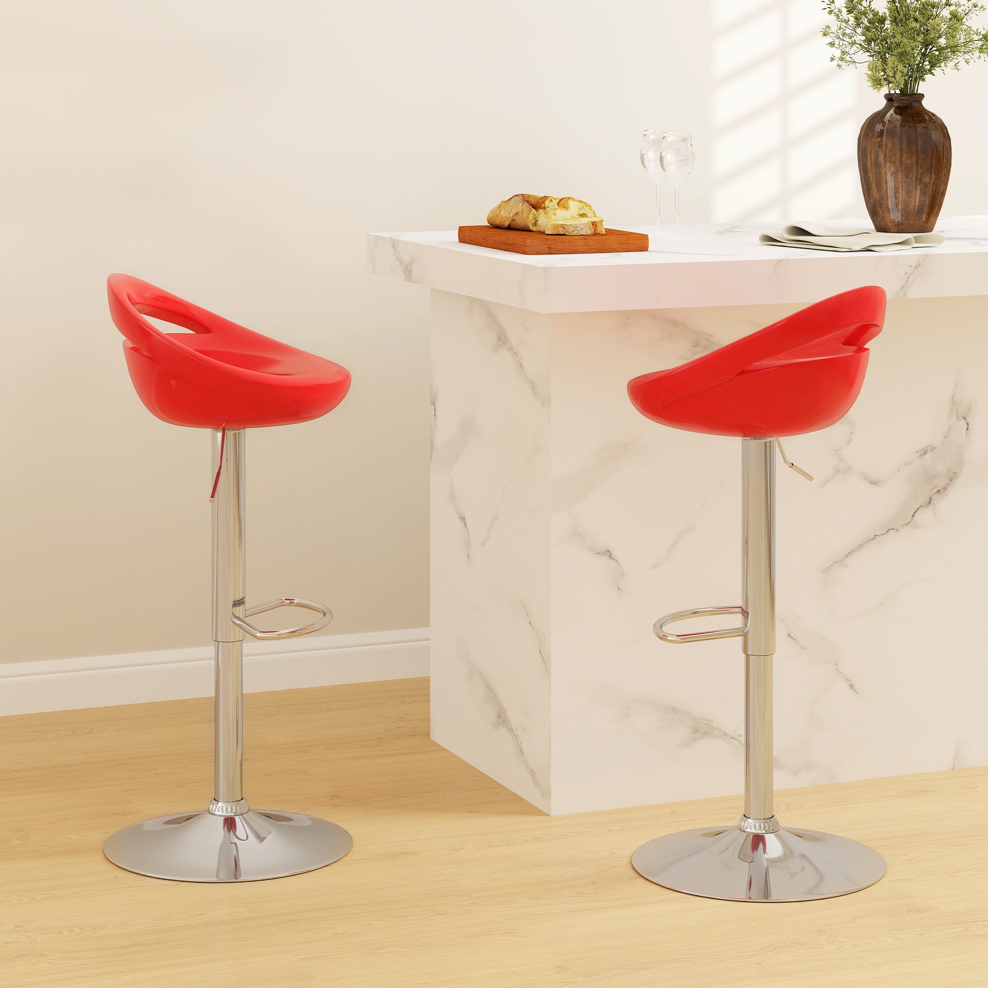 Lot de 2 tabourets de bar, chaises de bar réglable en hauteur, chaise haute cuisine avec dossier, repose-pieds, pivotant 360°, ABS et métal, pour salle à manger, comptoir, 46x41x76-96cm, rouge