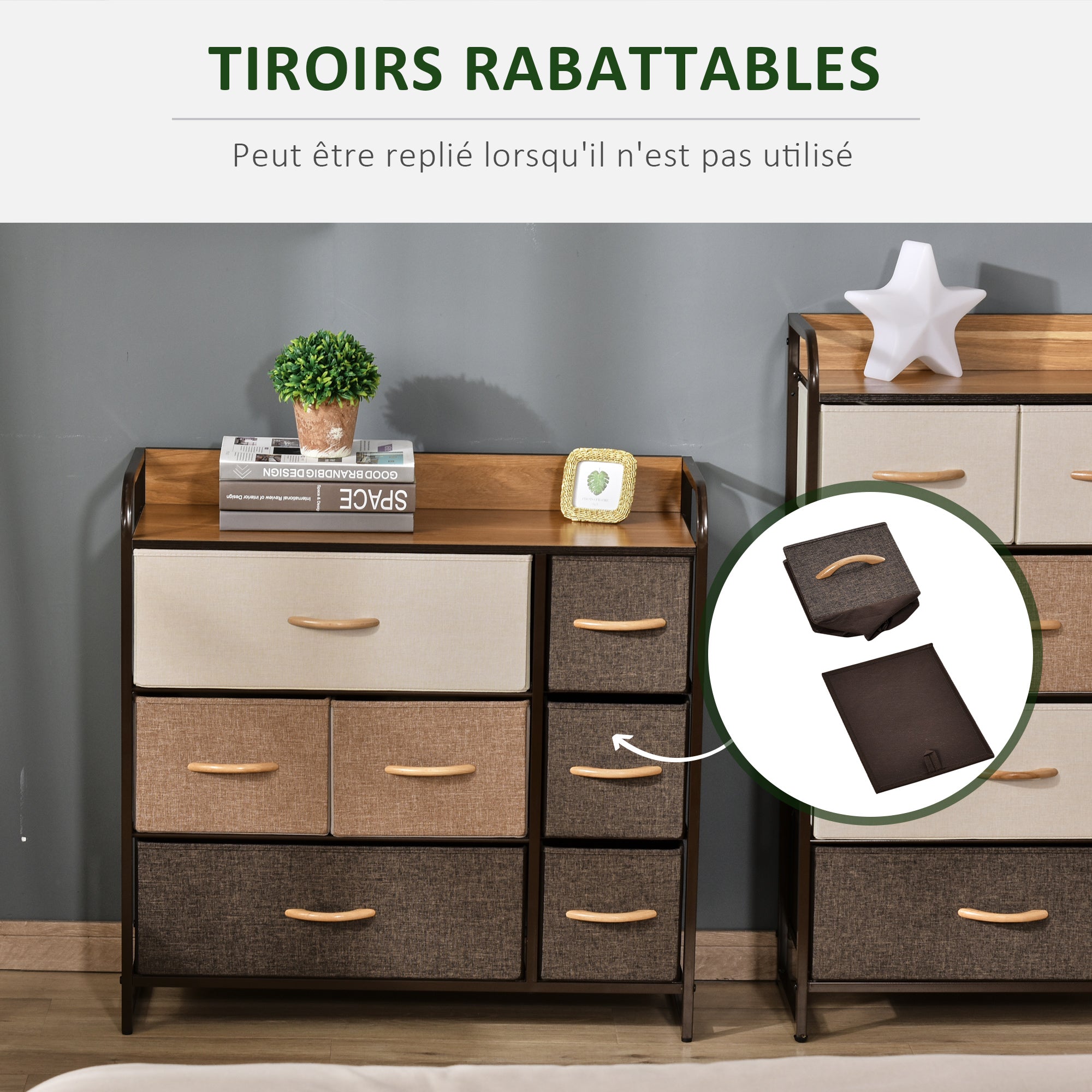 Commode 7 tiroirs meuble de rangement tiroir en tissu pliant - structure acier noir - 80L x 29l x 78,5H cm, chambre, entrée, salon, multicolore