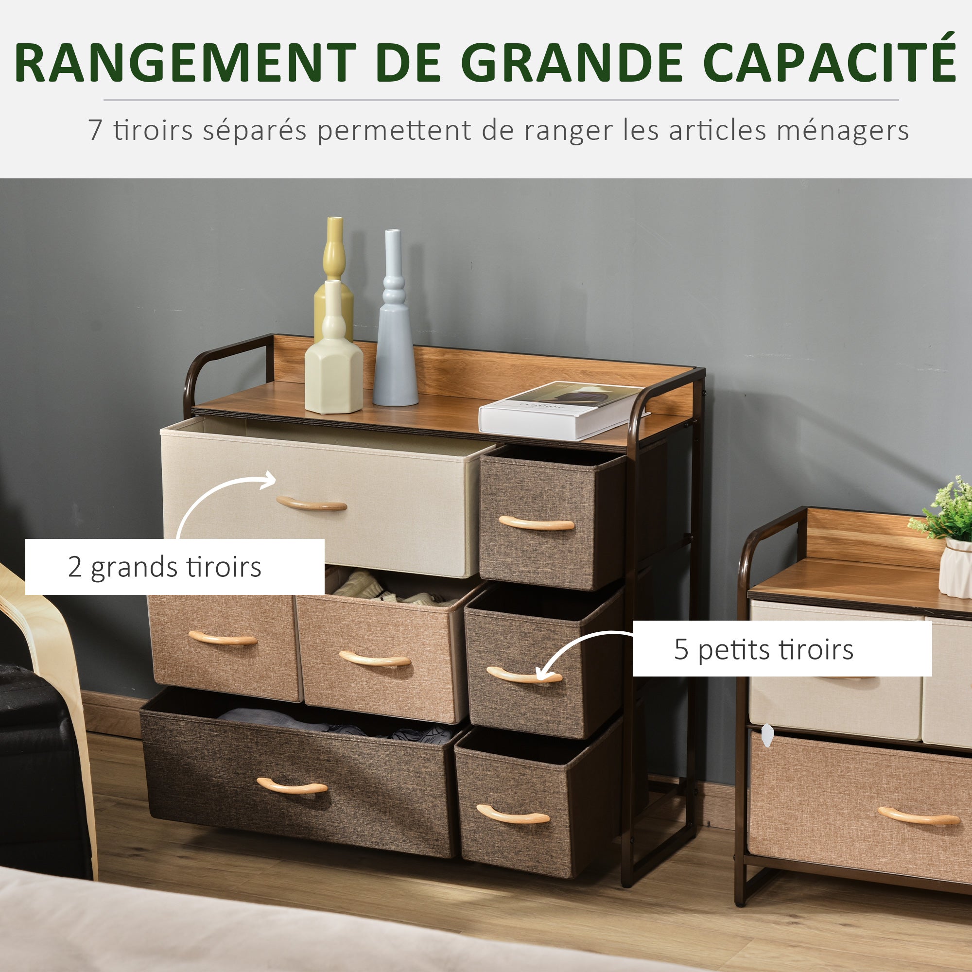 Commode 7 tiroirs meuble de rangement tiroir en tissu pliant - structure acier noir - 80L x 29l x 78,5H cm, chambre, entrée, salon, multicolore