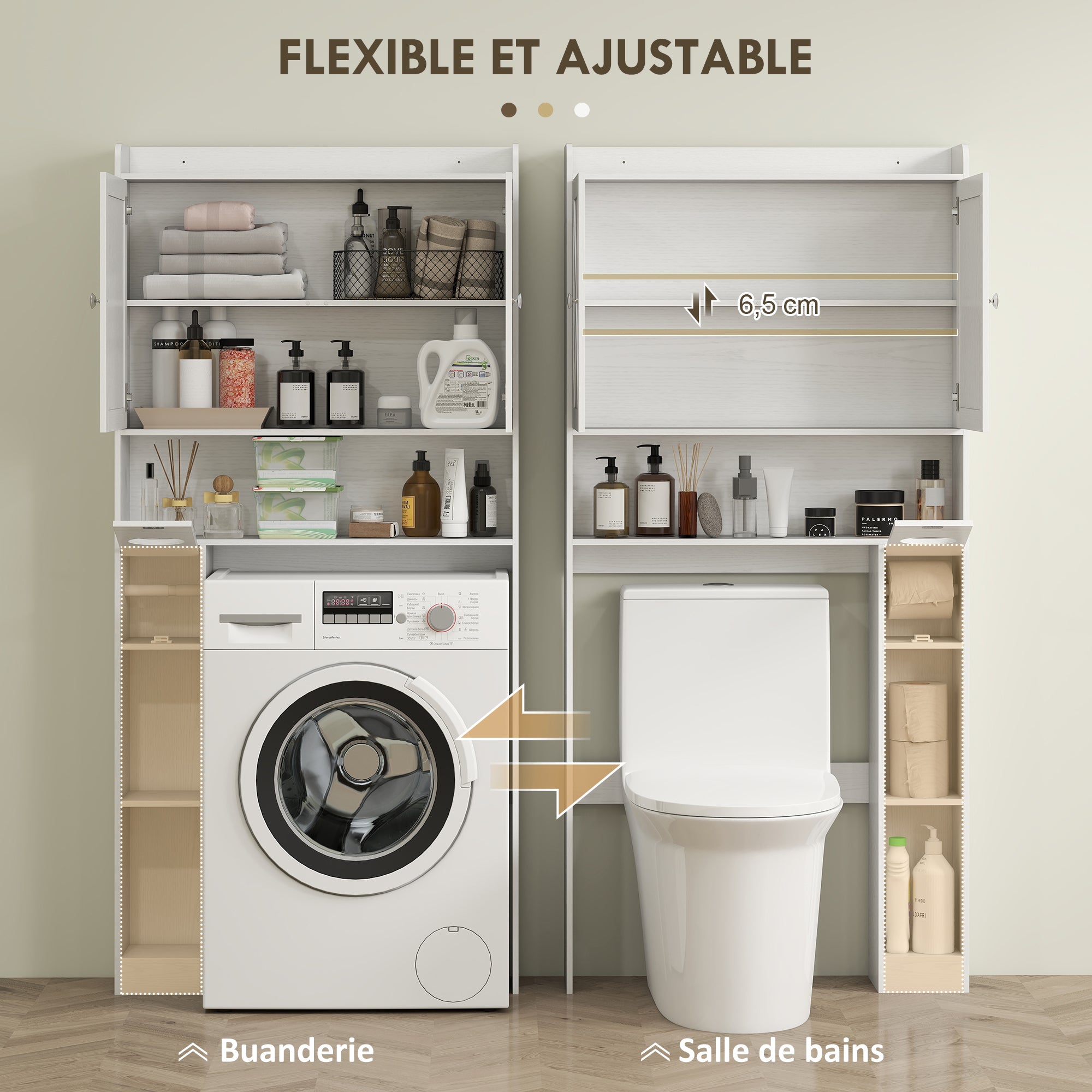 Meuble WC dessus de toilette meuble toilettes WC rangement meuble salle de bain avec placard à porte de grange, étagère réglable, compartiments ouverts et porte-papier, 81,5x19,6x172cm, blanc