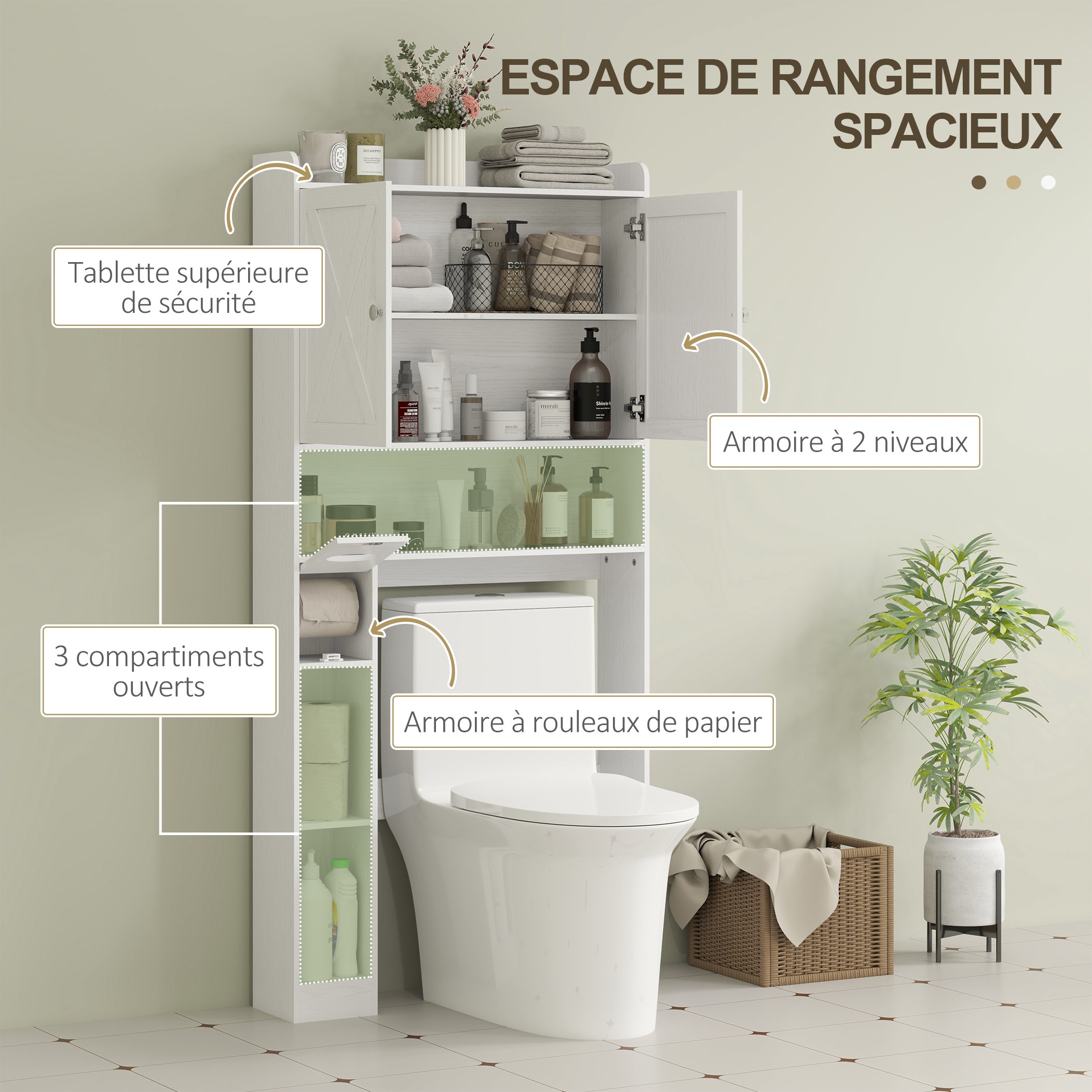 Meuble WC dessus de toilette meuble toilettes WC rangement meuble salle de bain avec placard à porte de grange, étagère réglable, compartiments ouverts et porte-papier, 81,5x19,6x172cm, blanc