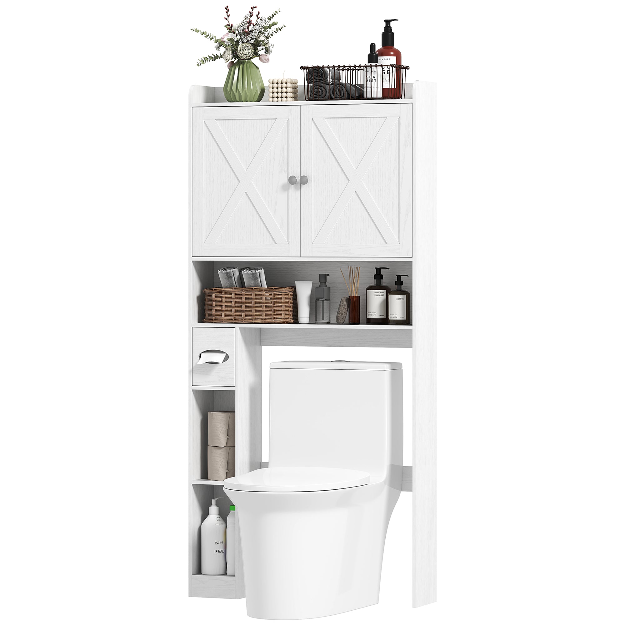 Meuble WC dessus de toilette meuble toilettes WC rangement meuble salle de bain avec placard à porte de grange, étagère réglable, compartiments ouverts et porte-papier, 81,5x19,6x172cm, blanc