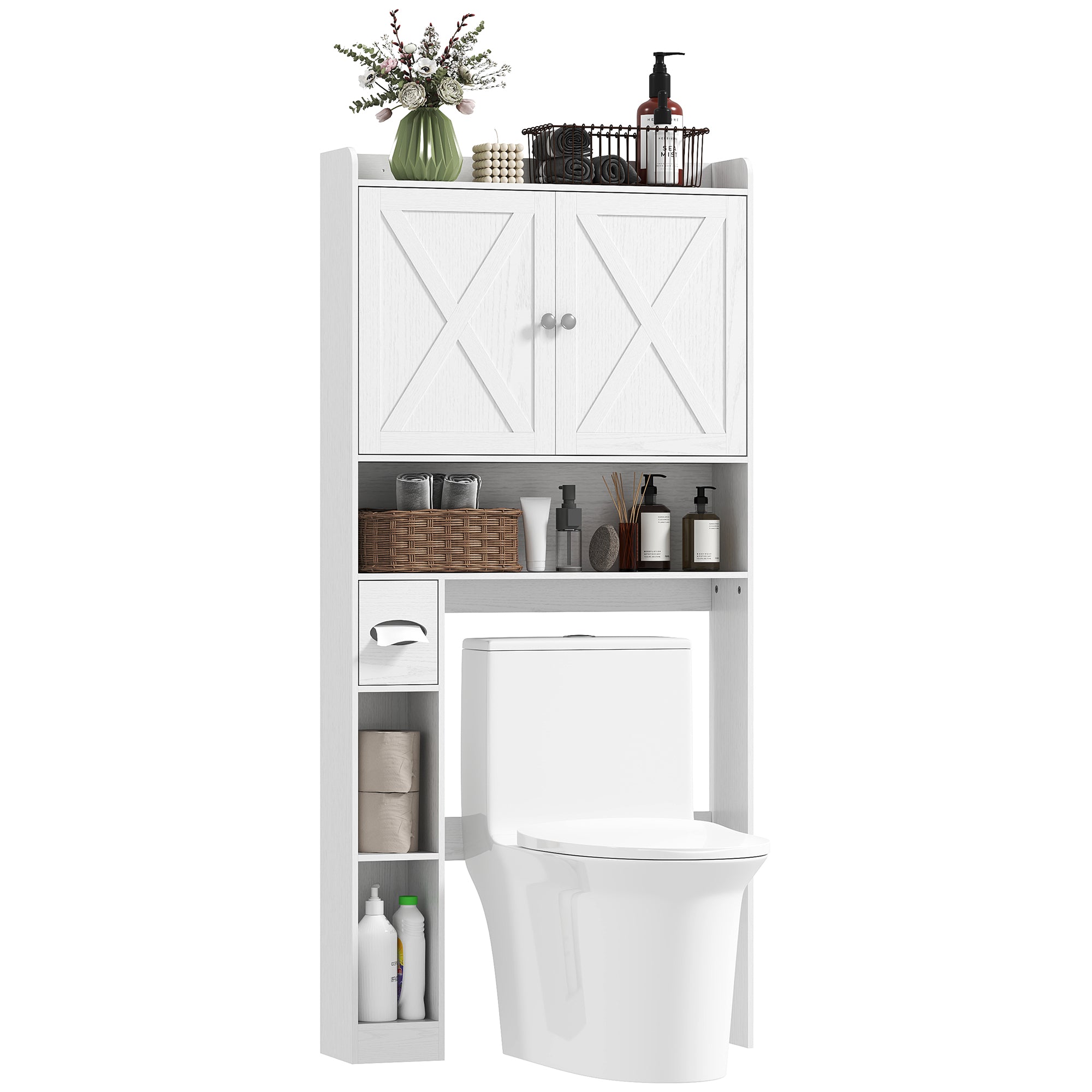 Meuble WC dessus de toilette meuble toilettes WC rangement meuble salle de bain avec placard à porte de grange, étagère réglable, compartiments ouverts et porte-papier, 81,5x19,6x172cm, blanc
