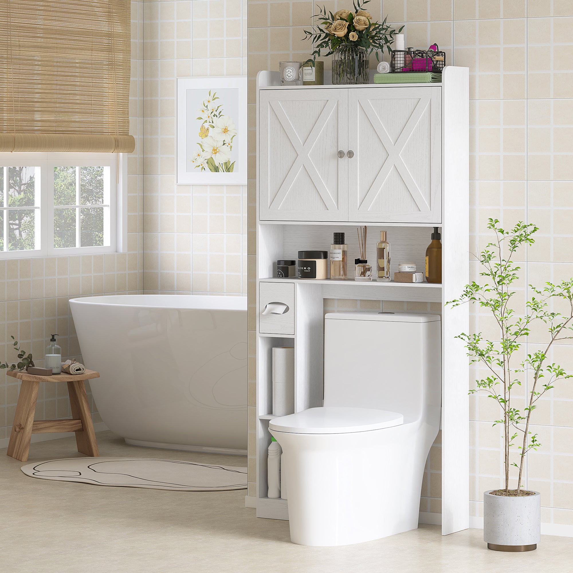 Meuble WC dessus de toilette meuble toilettes WC rangement meuble salle de bain avec placard à porte de grange, étagère réglable, compartiments ouverts et porte-papier, 81,5x19,6x172cm, blanc