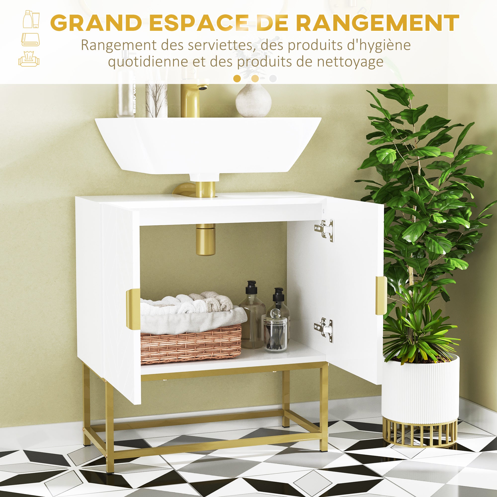 Meuble Salle de Bain sous lavabo - Meuble sous-Vasque pour salle de bain - Placard 2 Portes avec étagères - dim. 60L x 30l x 65H cm blanc