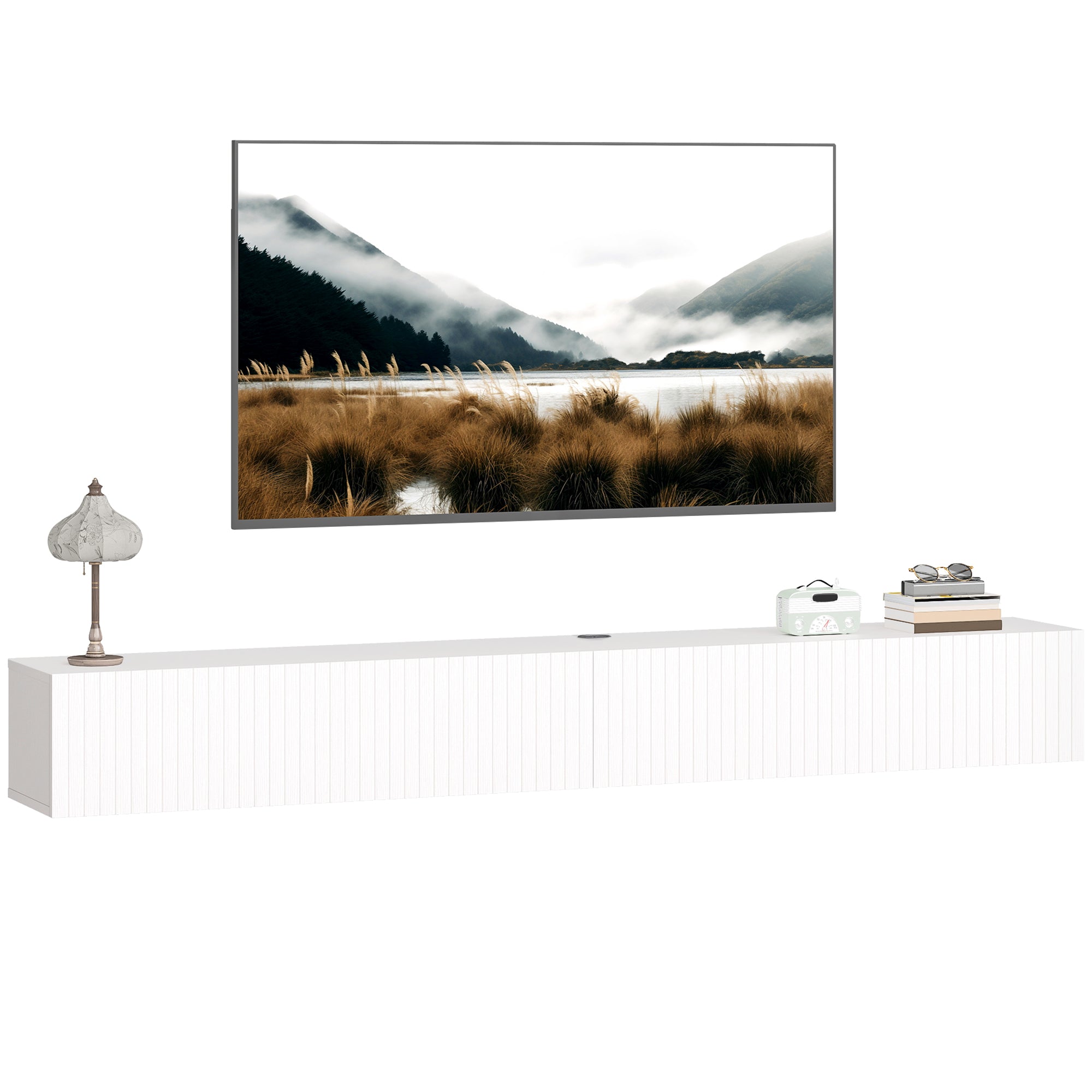 Meuble TV suspendu flottant 180 cm, meuble télé pour téléviseur jusqu'à 72 pouces avec 2 portes cannelées rabattables, banc TV mural pour salon, chambre à coucher, blanc