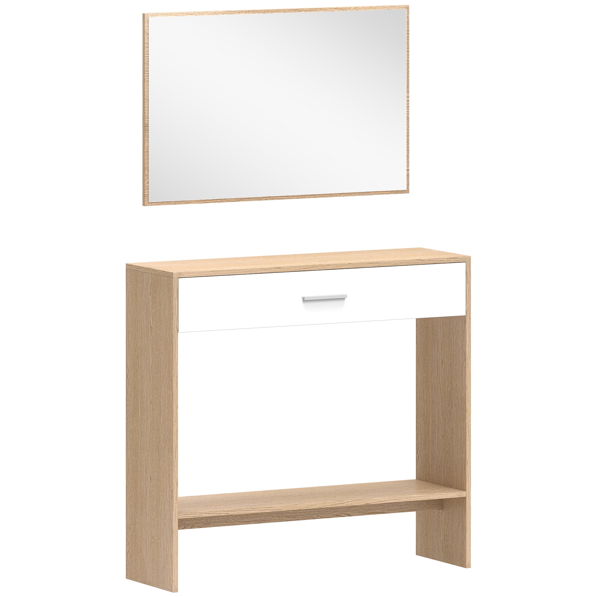 Console meuble + miroir, table console étroite avec tiroir et étagère, style moderne, table d'entrée, couloir, salon, petits espaces, 91,5 x 27,9 x 85,5 cm, chêne