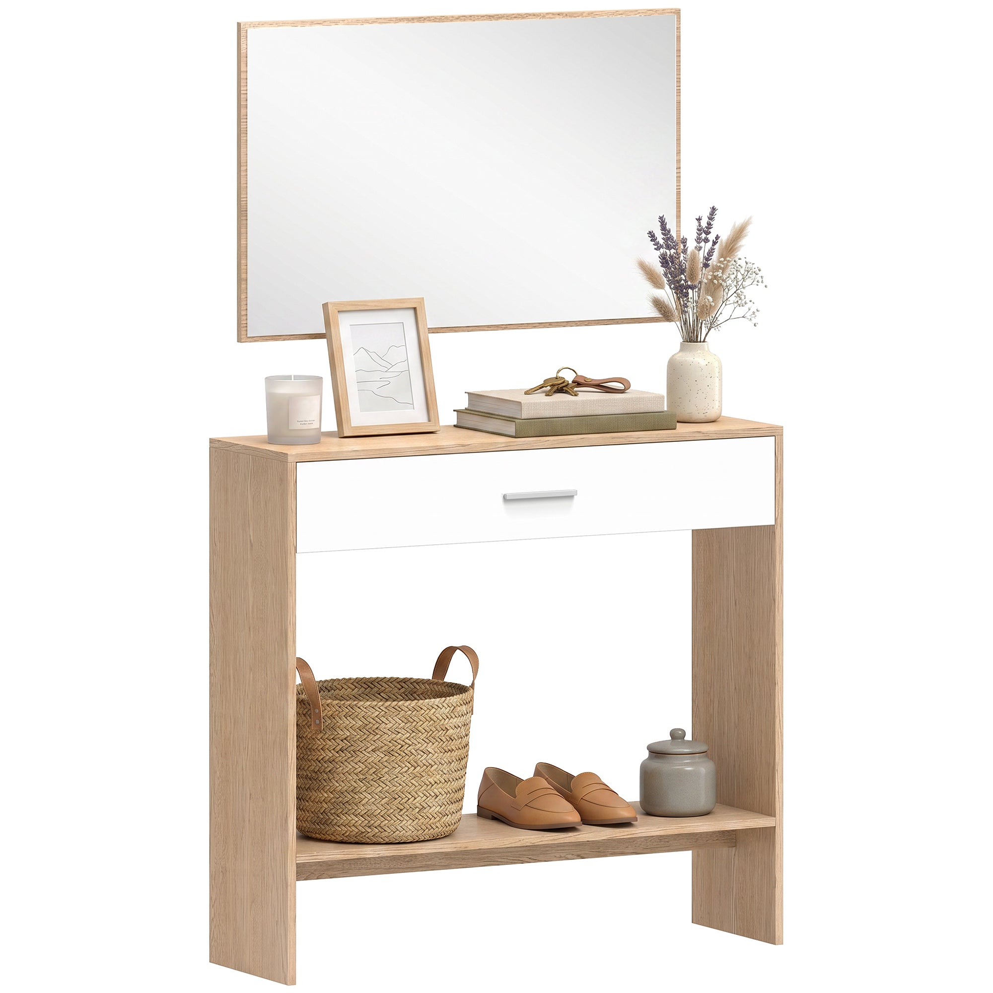Console meuble + miroir, table console étroite avec tiroir et étagère, style moderne, table d'entrée, couloir, salon, petits espaces, 91,5 x 27,9 x 85,5 cm, chêne