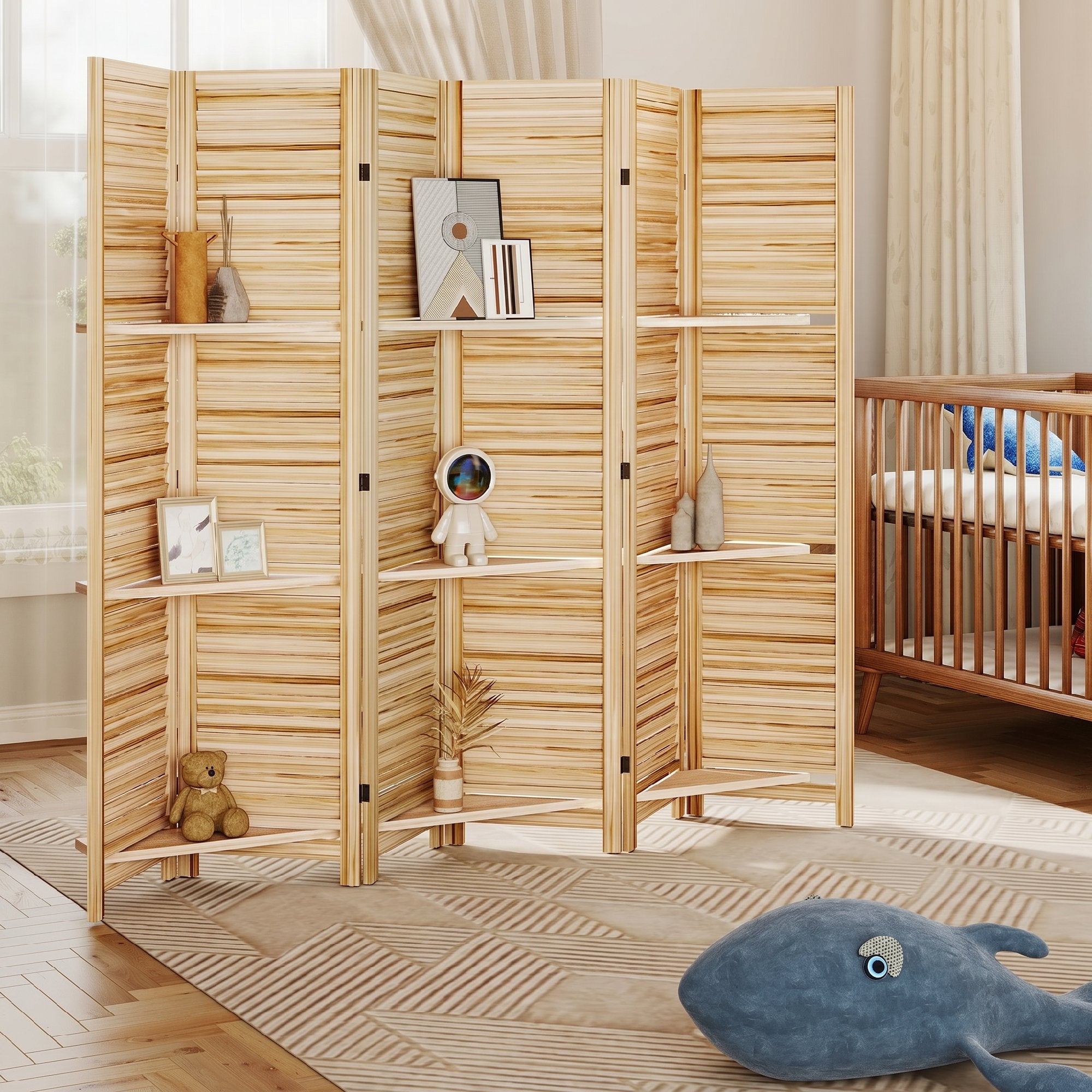Paravent intérieur en bois 6 panneaux 240 x 170 cm, séparateur de pièce pliable avec 3 étagères, cloison de séparation pour salon, chambre à coucher, maison, bois naturel avec finition brûlée