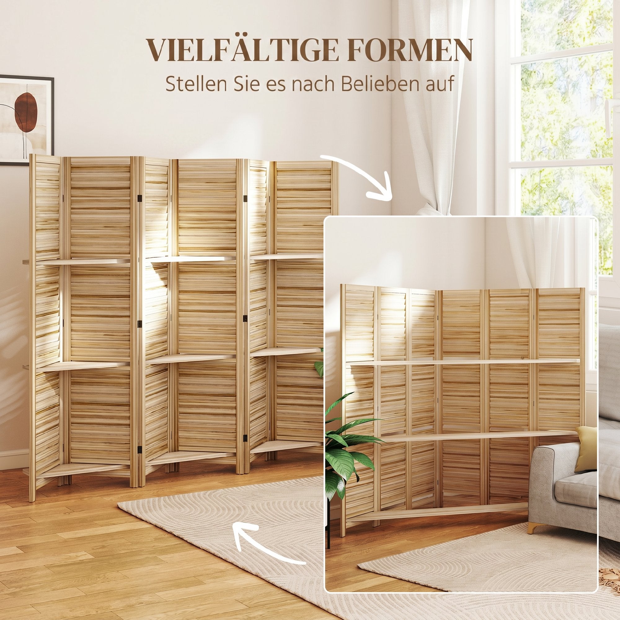 Paravent intérieur en bois 6 panneaux 240 x 170 cm, séparateur de pièce pliable avec 3 étagères, cloison de séparation pour salon, chambre à coucher, maison, bois naturel avec finition brûlée