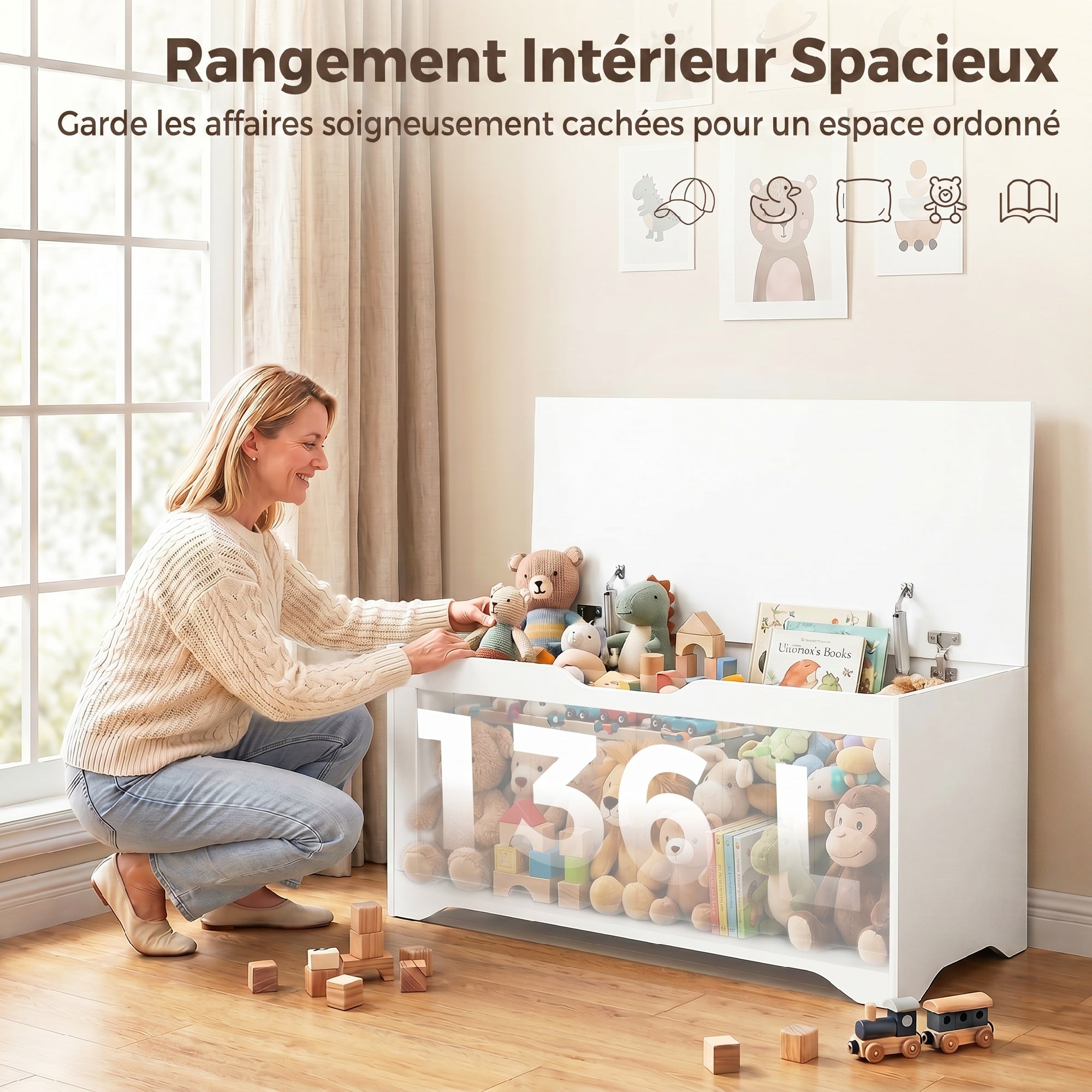 Coffre de Rangement 136 L, Banc Coffre avec 2 Charnières de Sécurité et Design Sans Poignée, Style Moderne, Banc d'Entrée ou Salon, 100 x 40 x 45 cm, Blanc