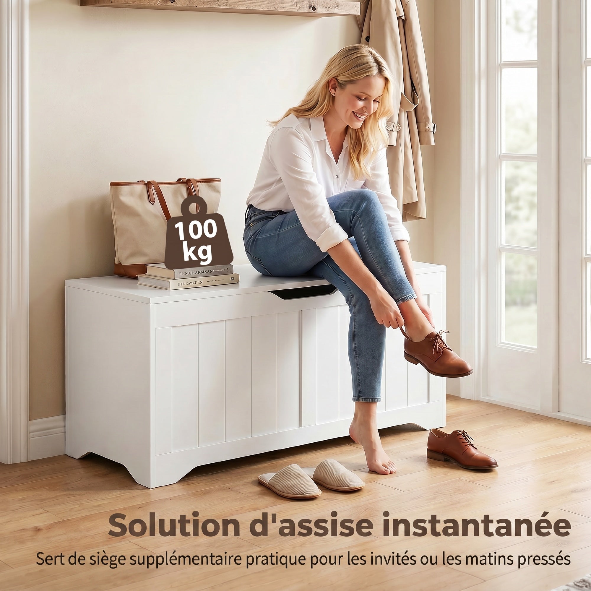 Coffre de Rangement 136 L, Banc Coffre avec 2 Charnières de Sécurité et Design Sans Poignée, Style Moderne, Banc d'Entrée ou Salon, 100 x 40 x 45 cm, Blanc