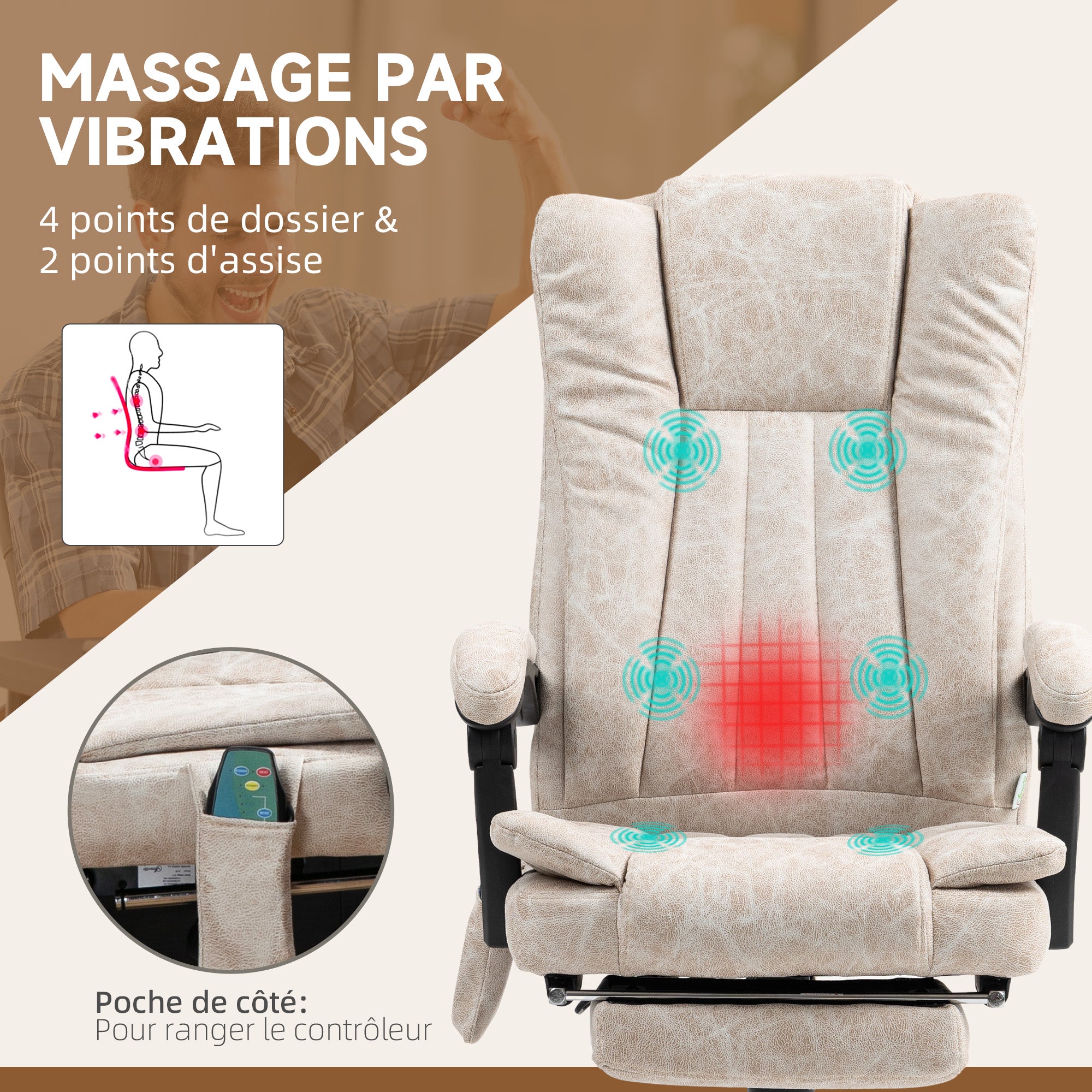 Fauteuil de bureau massant et chauffant, chaise de bureau, chaise ergonomique avec hauteur réglable, dossier inclinable, repose-pied et télécommande filaire, pivotant à 360°, crème