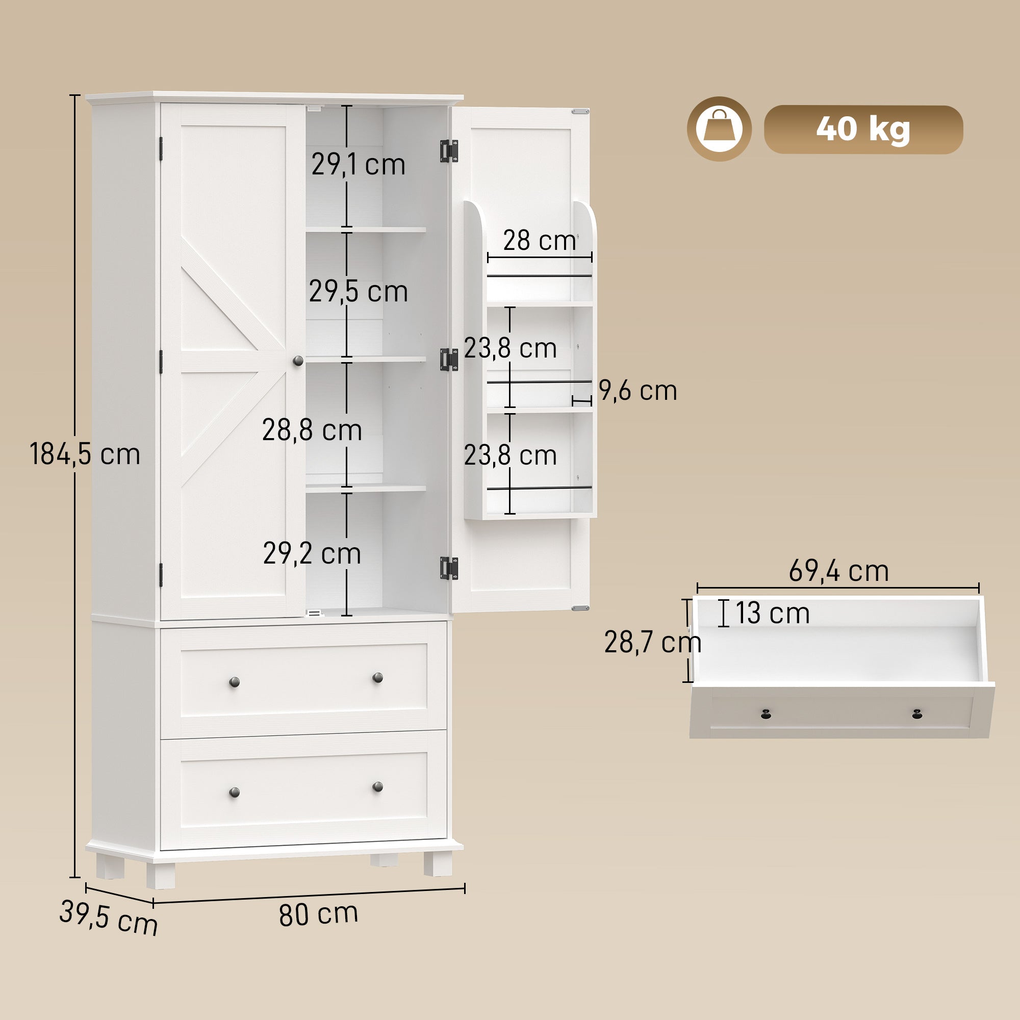 Buffet haut cuisine, armoire de cuisine, vaisselier, 2 portes 2 tiroirs 6 porte-racks étagères réglables, style rustique, meuble de rangement pour salon, salle à manger, 80x39,5x184,5cm, blanc
