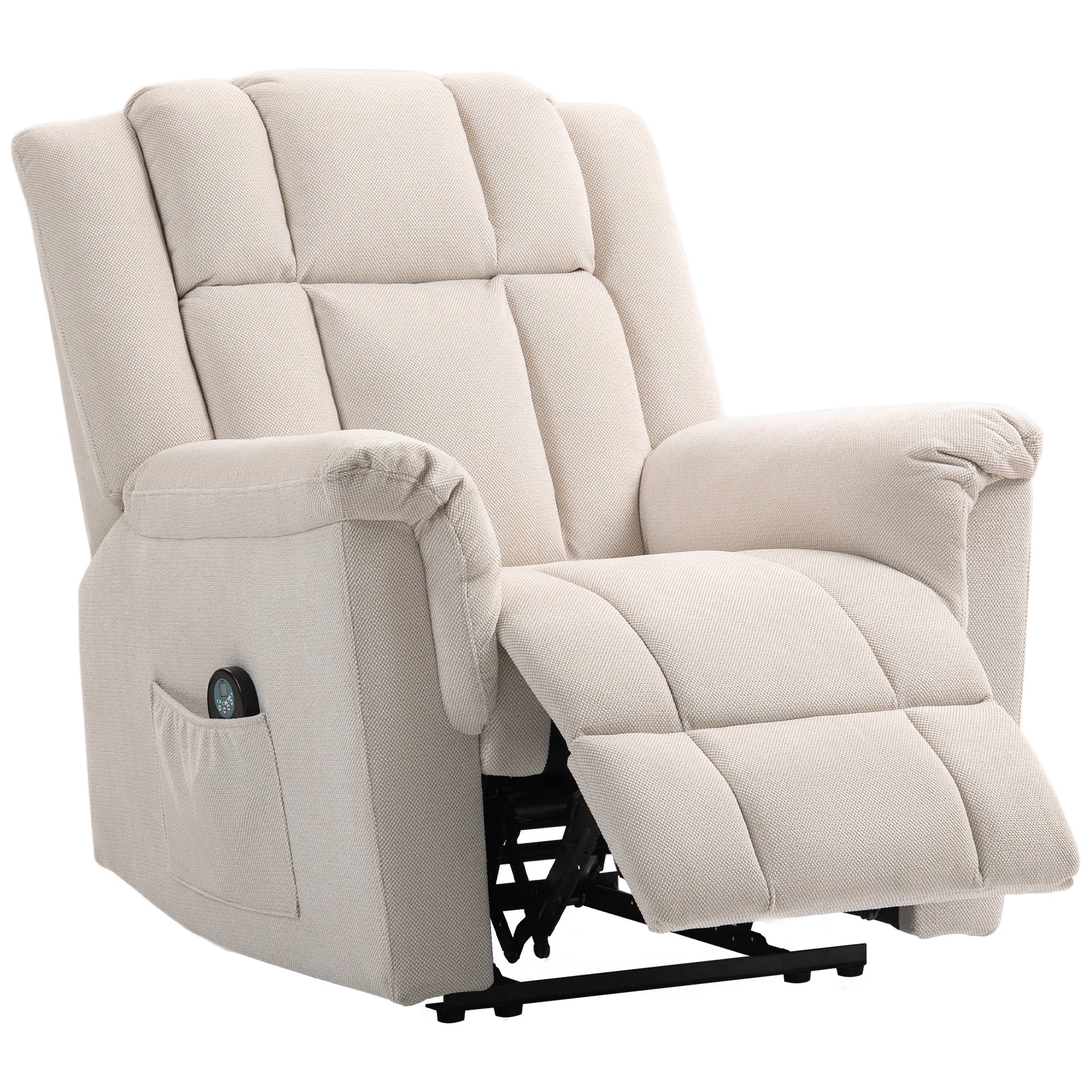 Fauteuil relax électrique massant et chauffant, fauteuil inclinable tissu chenille avec dossier et repose-pieds réglable manuellement, poche latérale, pour chambre, salon et home cinéma, beige