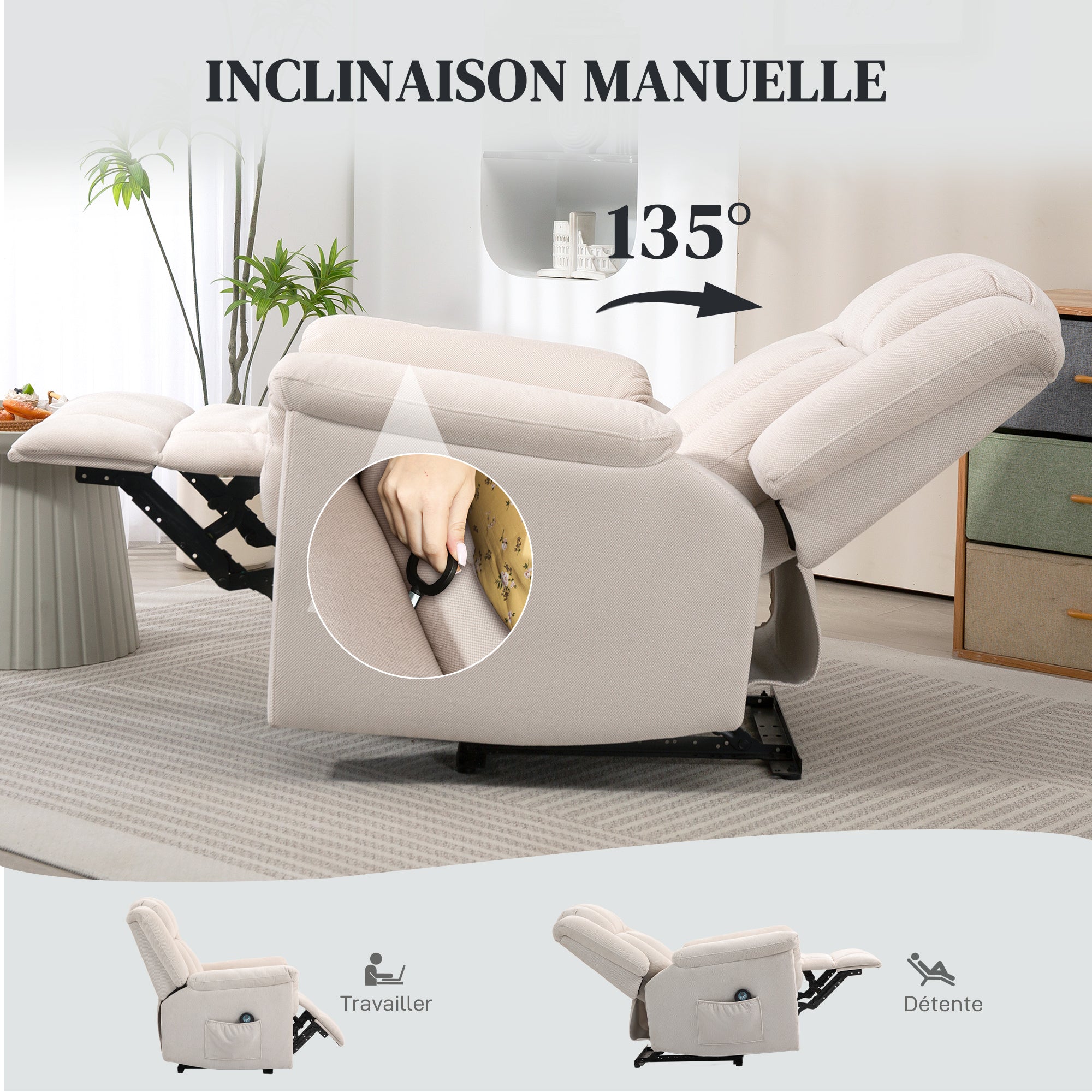Fauteuil relax électrique massant et chauffant, fauteuil inclinable tissu chenille avec dossier et repose-pieds réglable manuellement, poche latérale, pour chambre, salon et home cinéma, beige