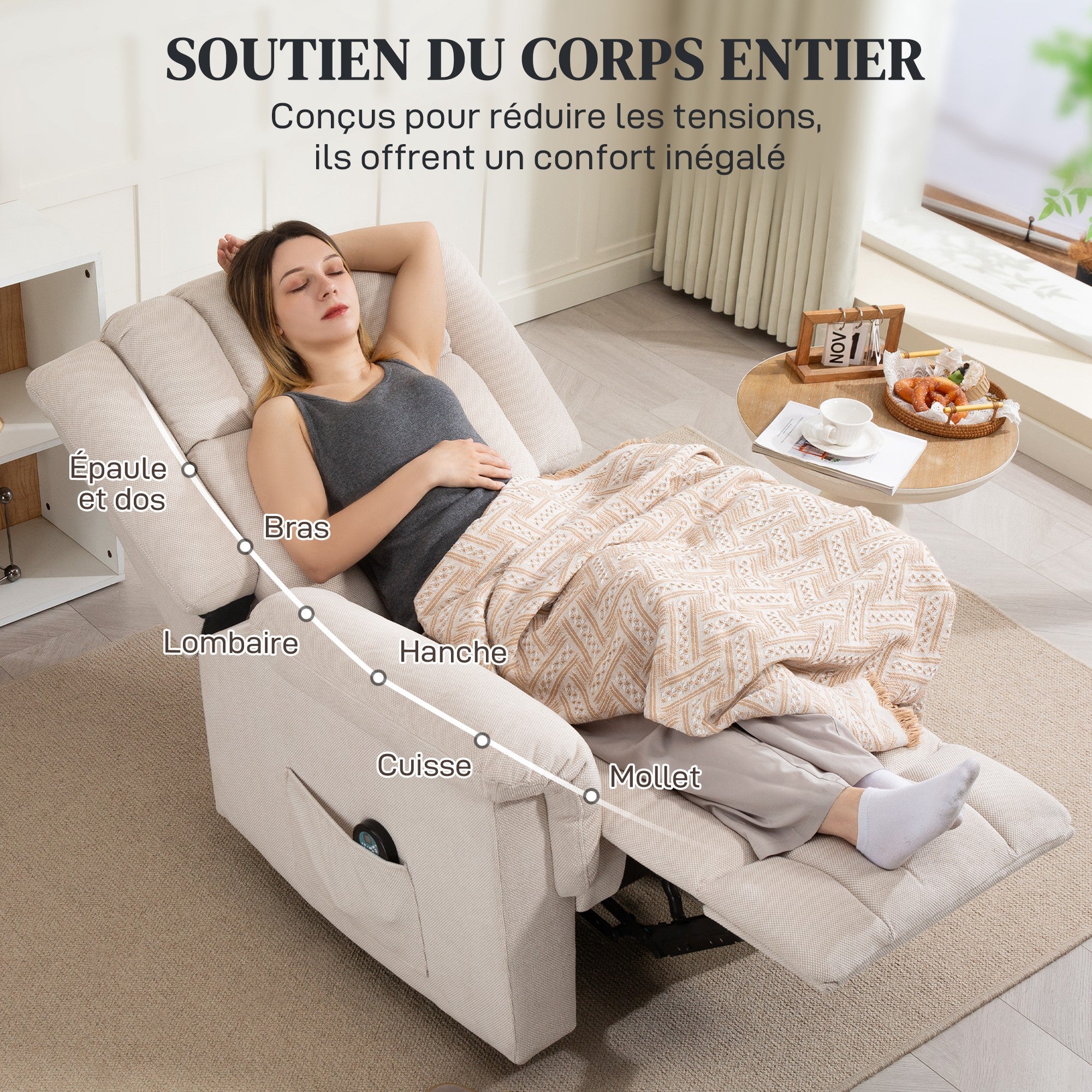 Fauteuil relax électrique massant et chauffant, fauteuil inclinable tissu chenille avec dossier et repose-pieds réglable manuellement, poche latérale, pour chambre, salon et home cinéma, beige